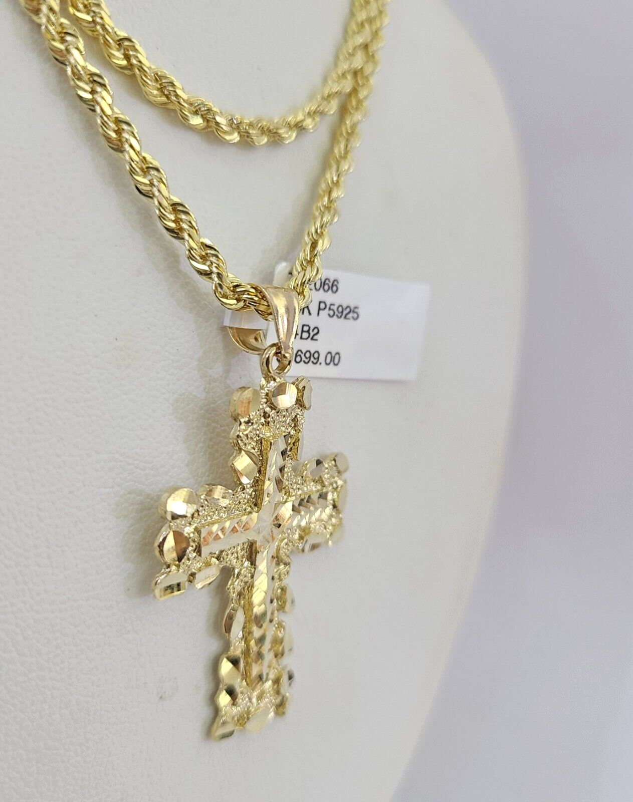 10k Solid Rope Chain 3mm Jesus Cross Necklace Pendant Charm SET 18-26 in