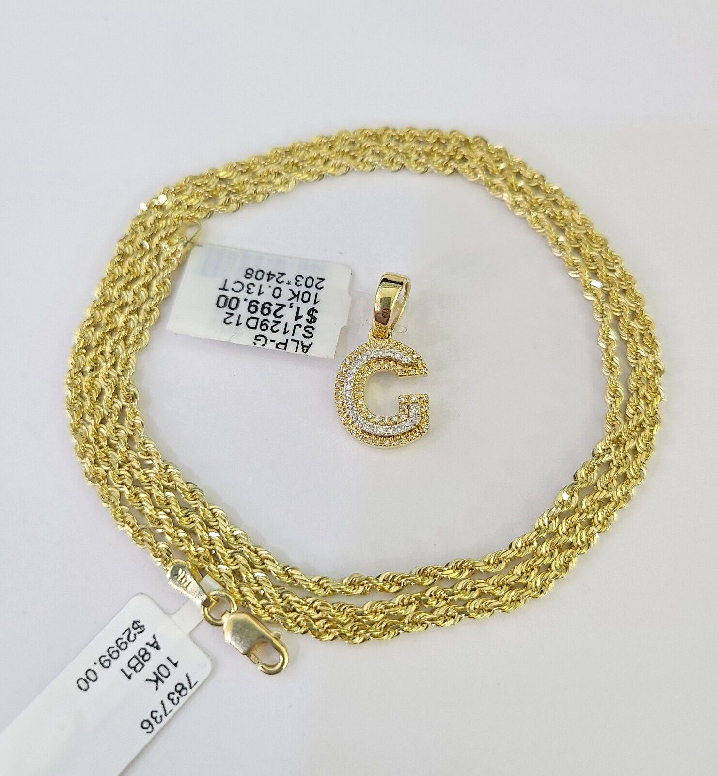 10k Solid Rope Chain 2mm G Initial Diamond Pendant Charm Necklace SET 18-22 in