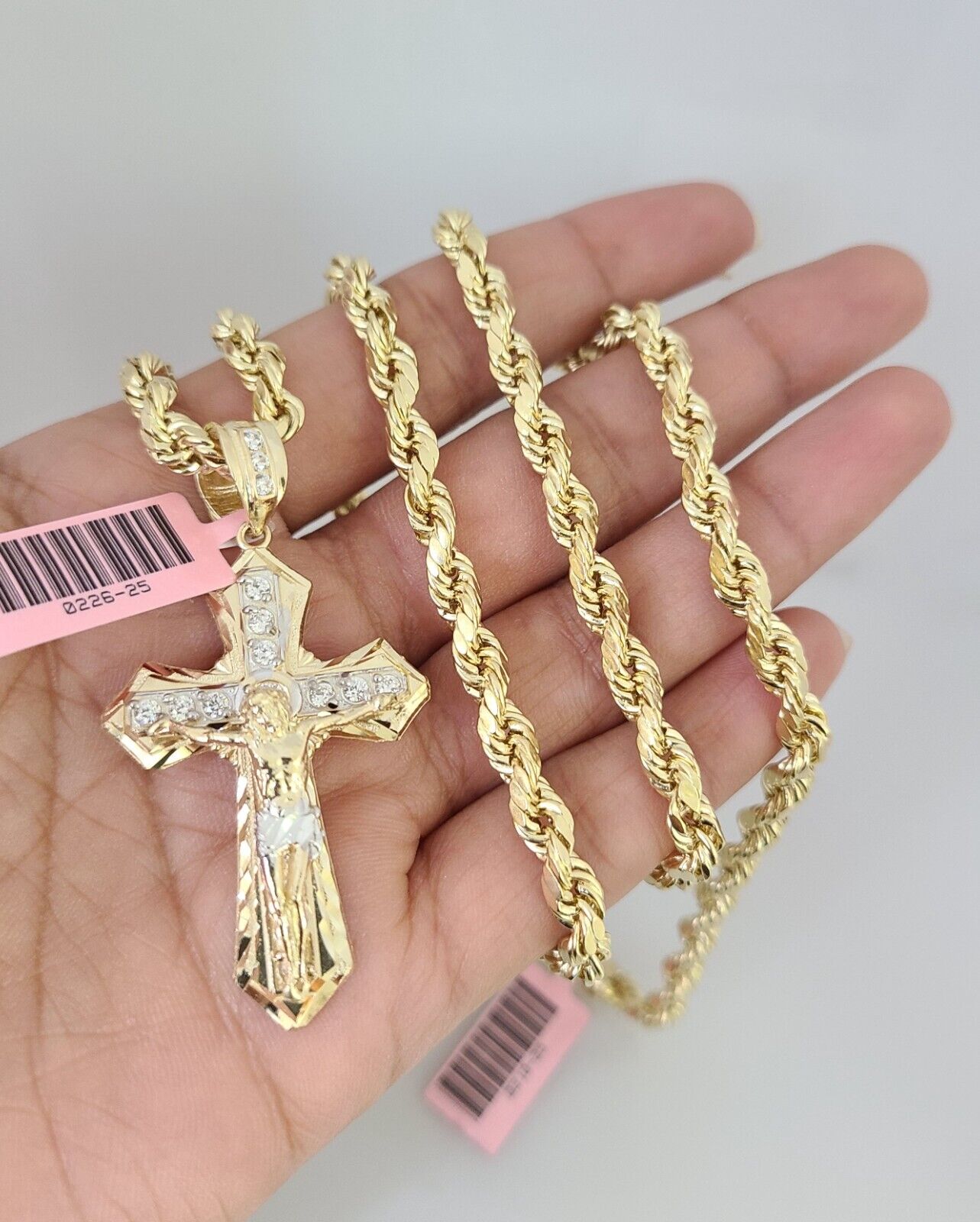 14k Gold Rope Chain Necklace Jesus Cross Charm Pendant Set 18"-28" inch 6mm