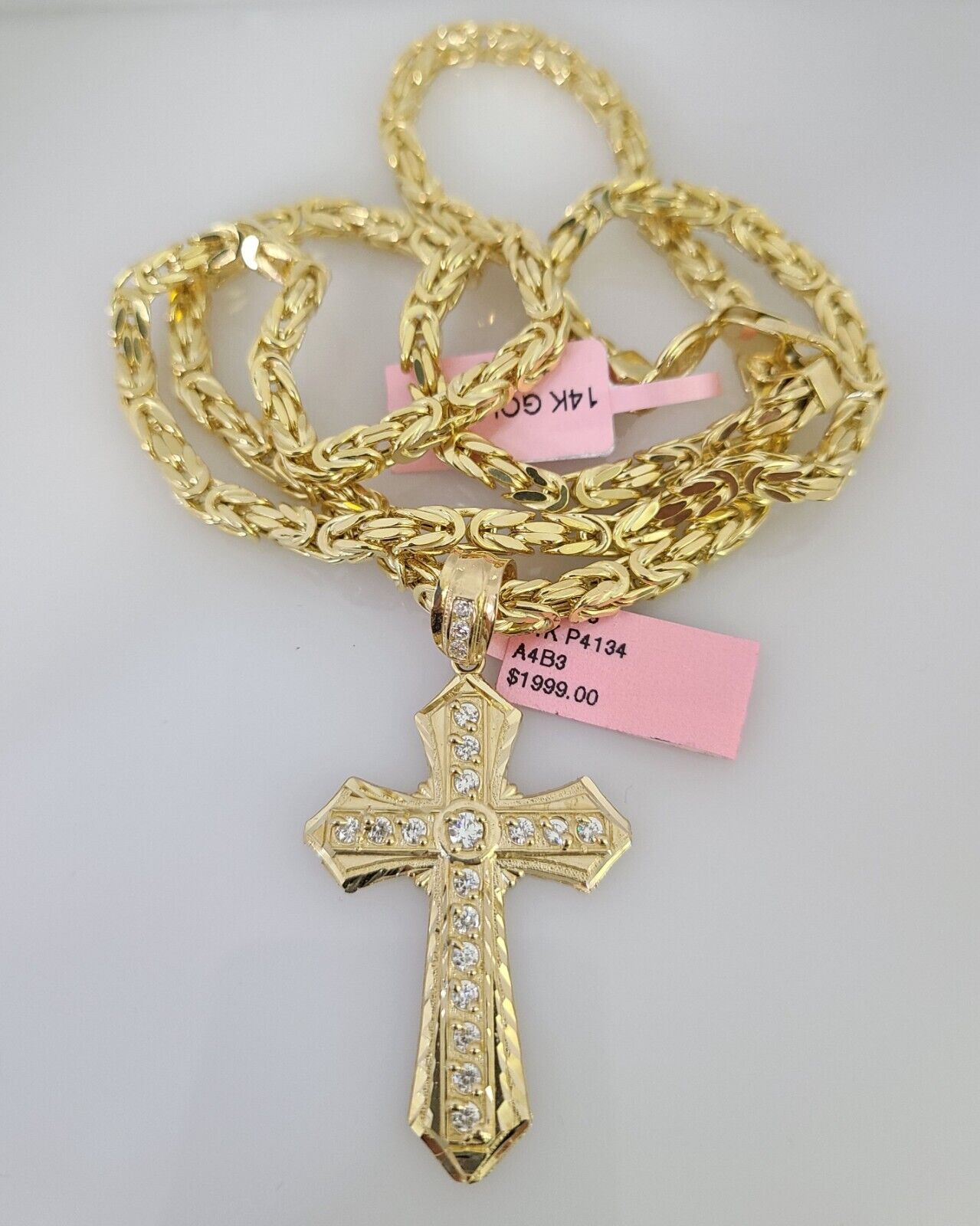 14K Gold Necklace Chain Jesus Cross Charm Turkish Byzantine 4mm 24" Pendant