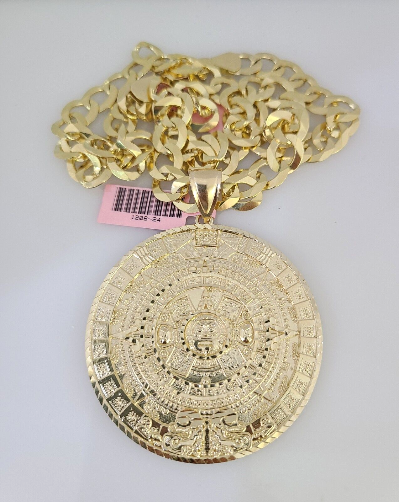 14k Gold Chain Mayan Calendar Charm Solid Cuban Curb 10mm 20"-30" SET Necklace