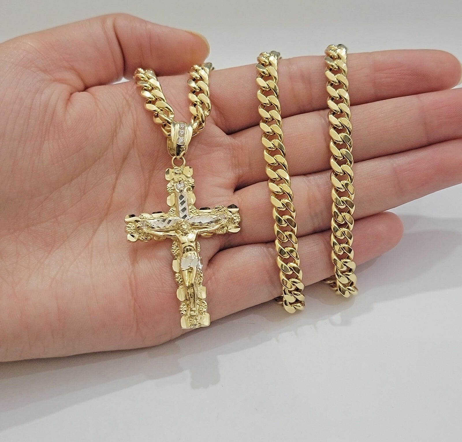 Real 14k Gold Chain Cross Pendant Necklace SET Miami Cuban Link 7mm 22"-28" 14kt