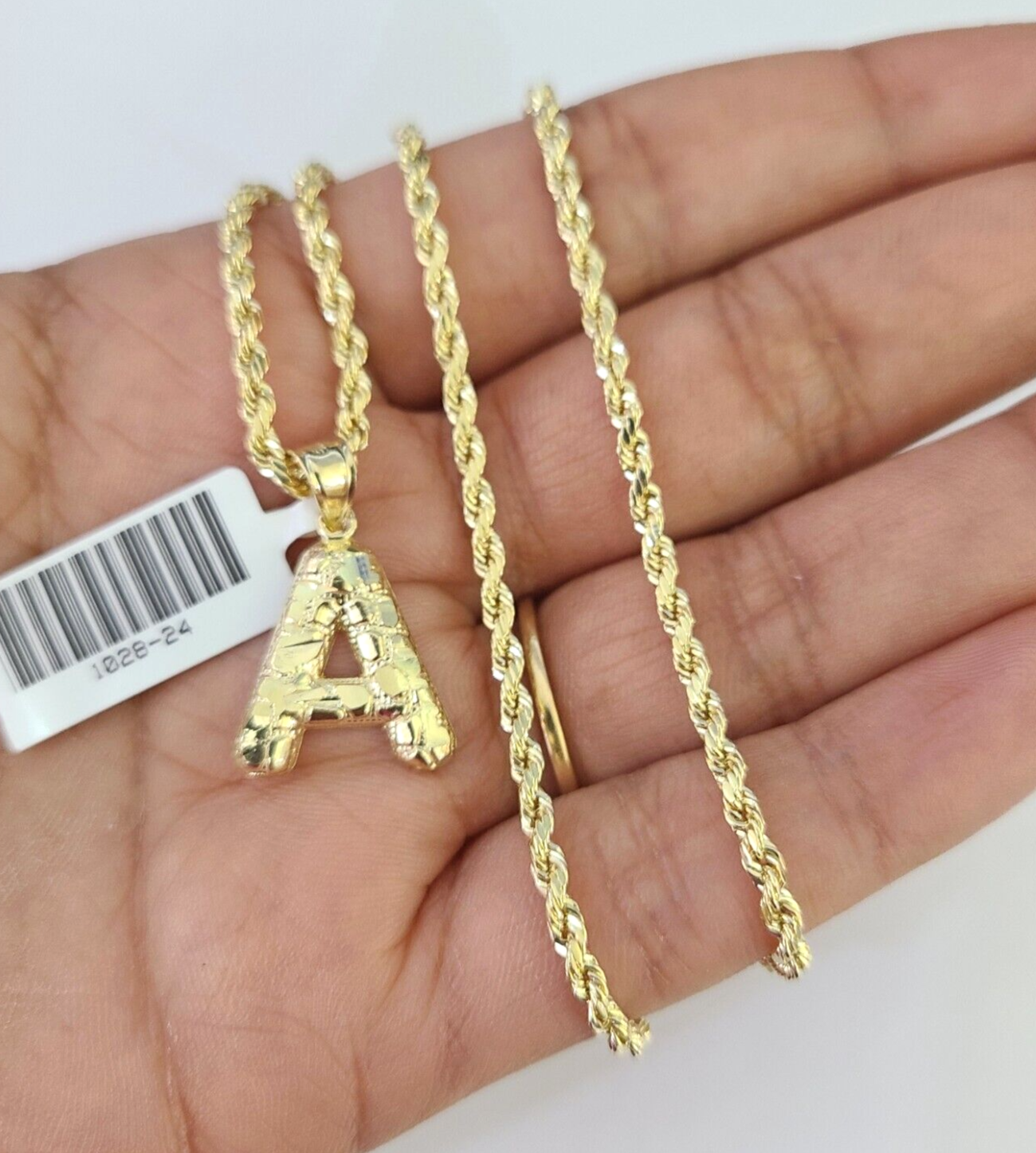 10k Gold Initial A Charm Rope Chain 16"-26" 2.5mm SET Necklace Alphabet Pendant