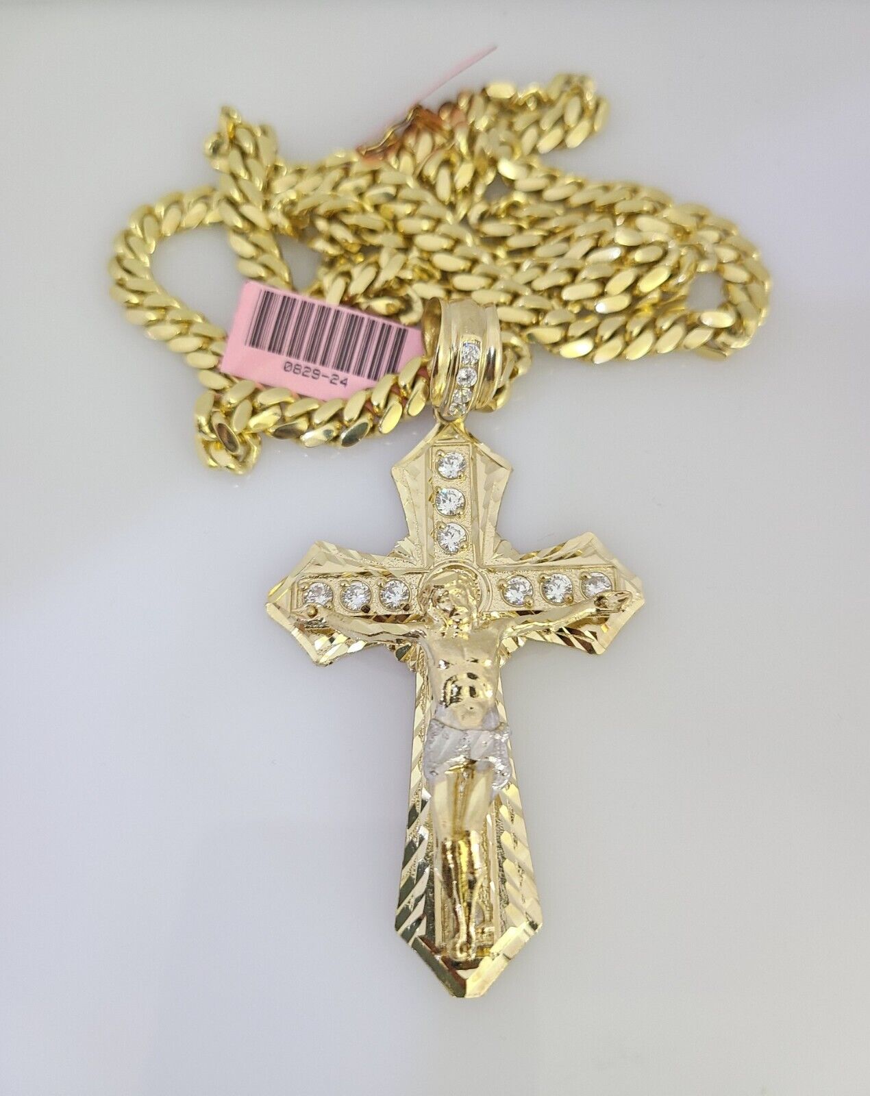 Real 14k Solid Chain Cross Charm Set Miami Cuban Link 6mm Necklace Pendant Gold