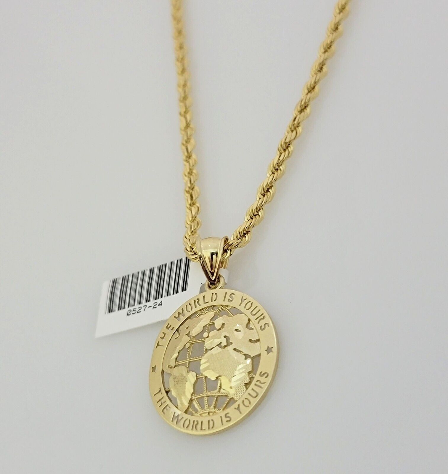 Real 10k Gold Chain Pendant SET World Is Your Charm  Rope Necklace 3mm 26 Inch