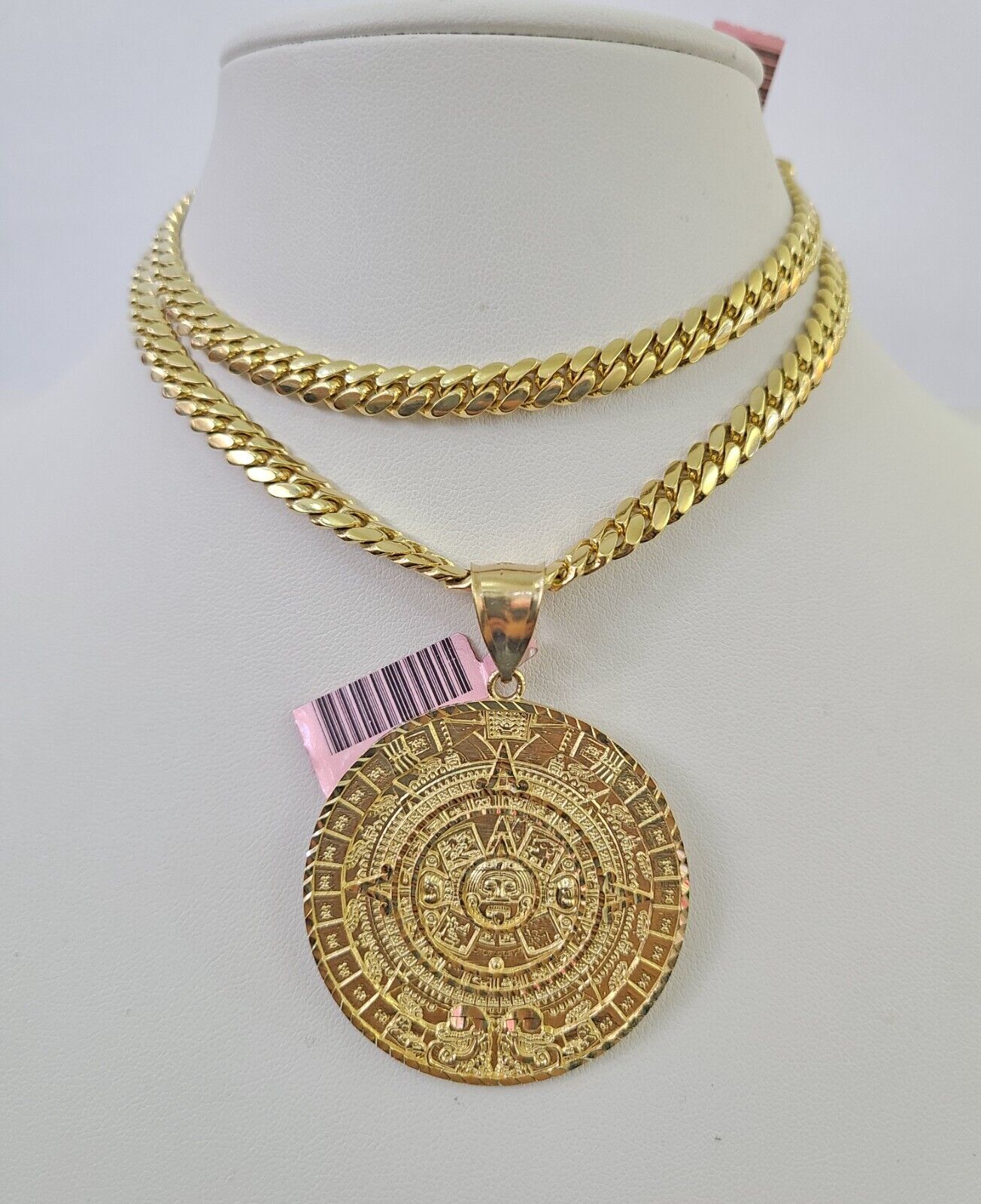 Real 14k Solid Chain Mayan Calendar Charm Set Miami Cuban Link 6mm Necklace