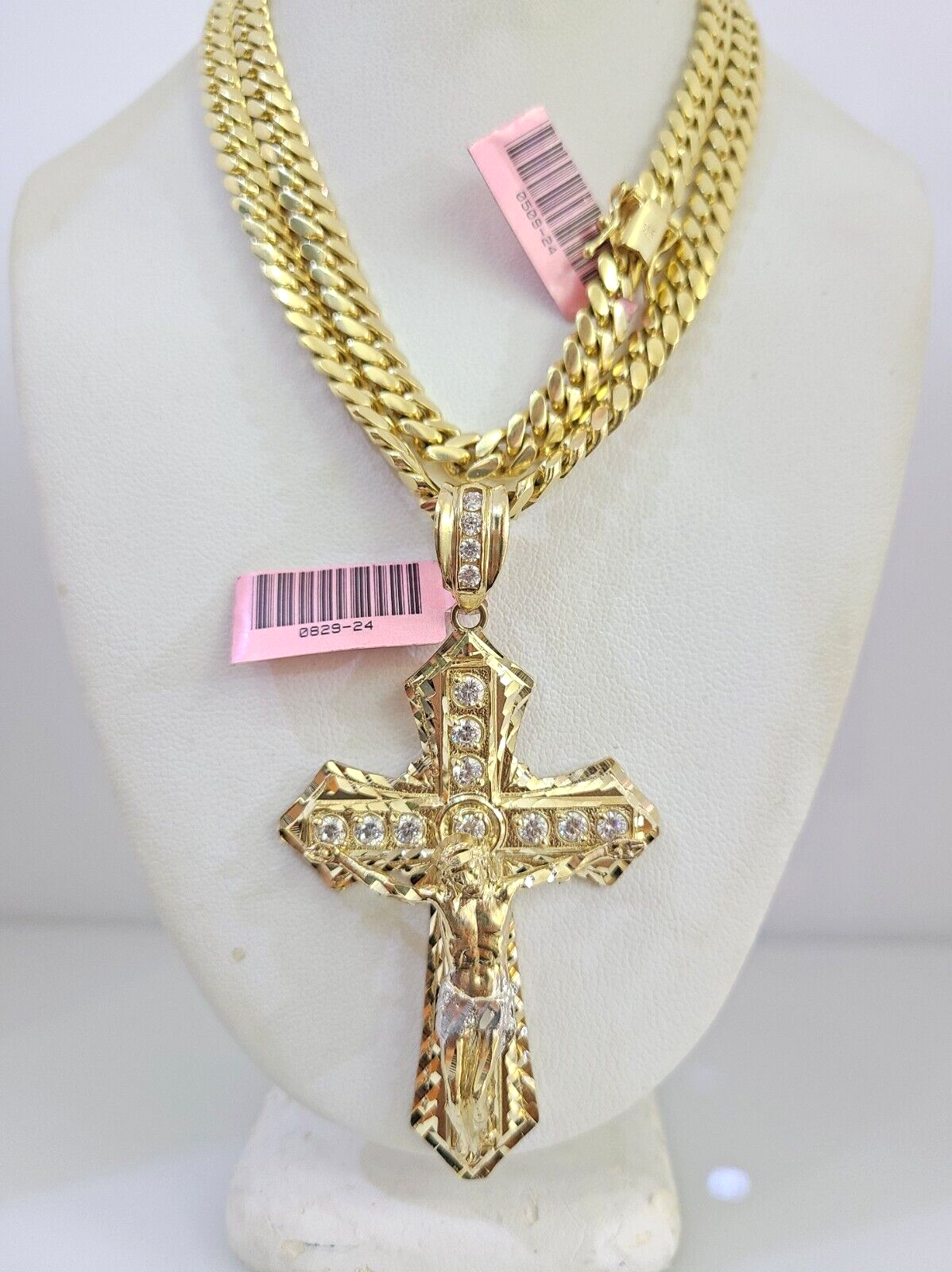 Real 14k Solid Chain Cross Charm Set Miami Cuban Link 6mm Necklace Pendant Gold