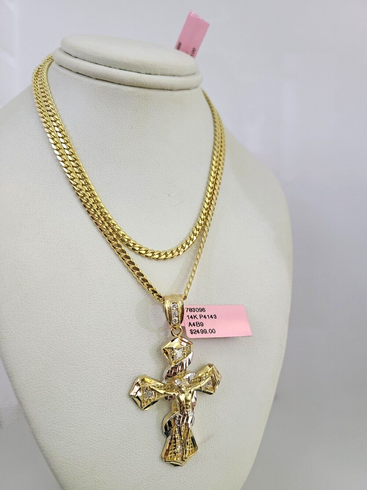 14k Gold Solid Chain Spiral Cross Pendant Set 14kt Miami Cuban Link 3mm Charm