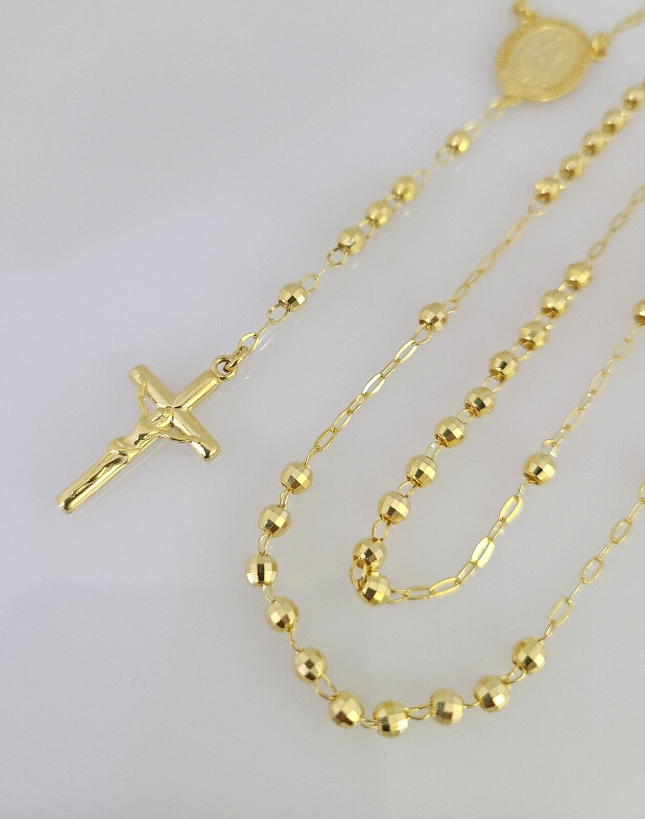 Real 14k Gold Rosary Necklace Jesus Cross Women Diamond Cut Chain 16 INCHES