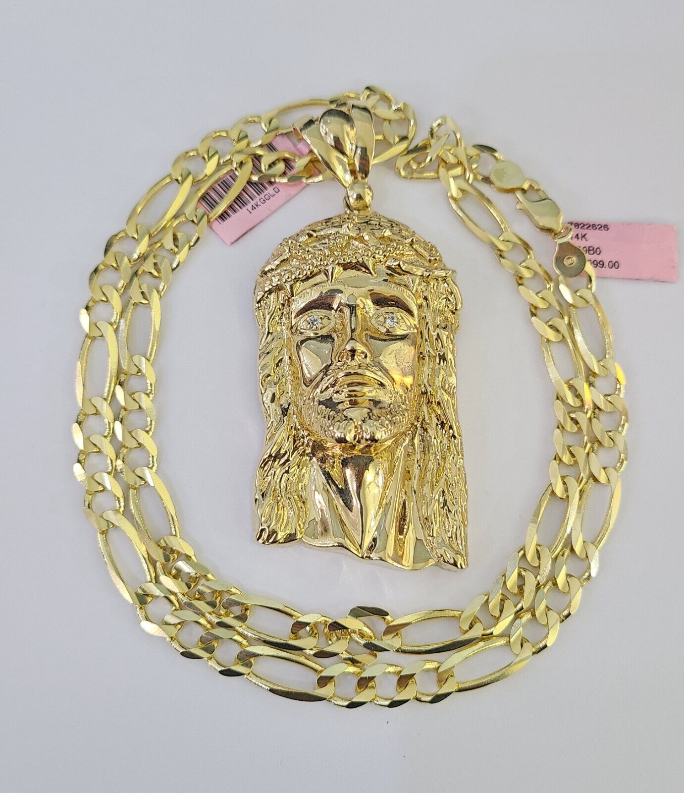 14k Figaro Chain Jesus Head Charm Pendant Gold 7mm 20-30 inch SET Necklace
