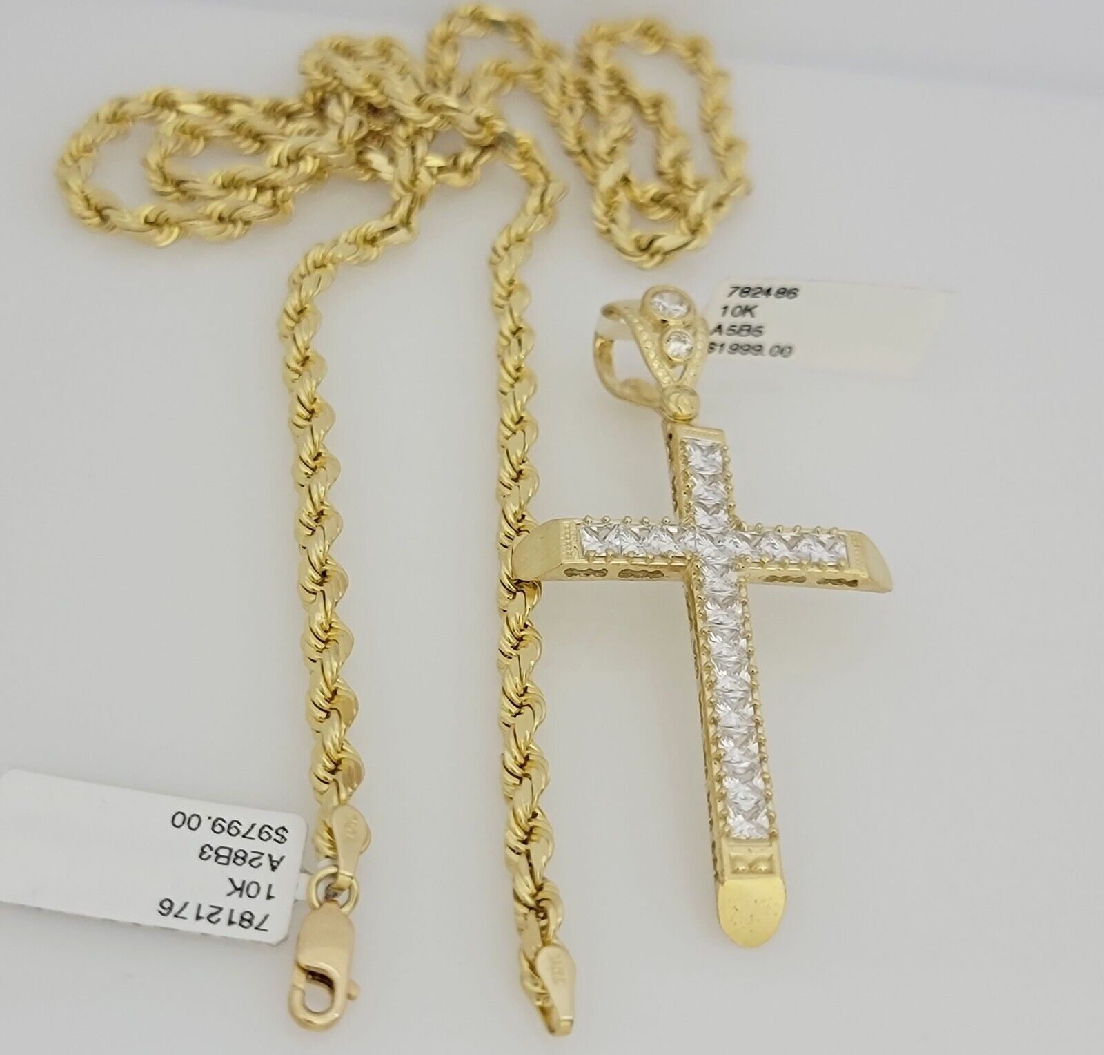 Real 10k Gold Chain Cross Charm Pendant Set Solid 4mm 22 Inch Rope Necklace Mens