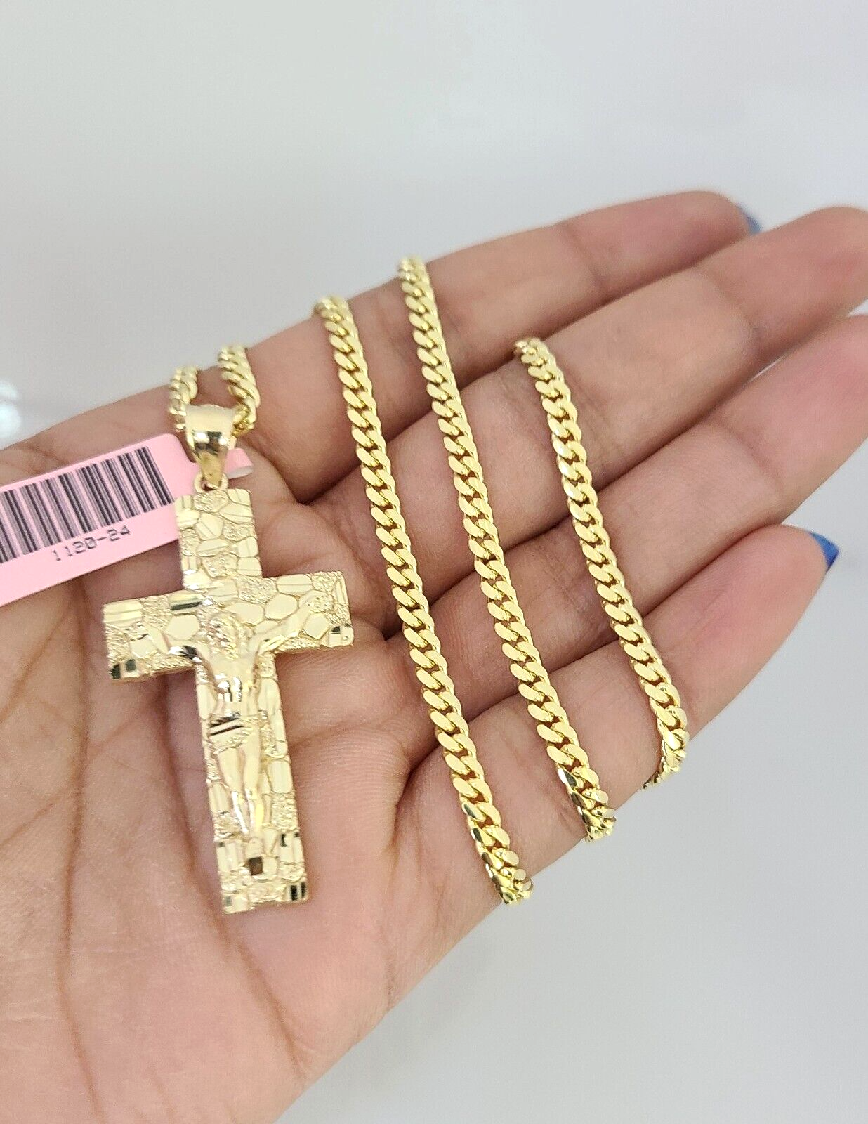 14k Gold Solid Chain Nugget Cross Pendant Set 14kt Miami Cuban Link 3mm Charm