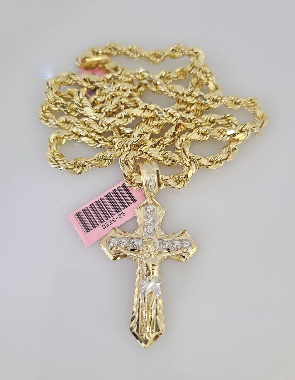 14k Gold Rope Chain Necklace Jesus Cross Charm Pendant Set 18"-28" inch 6mm