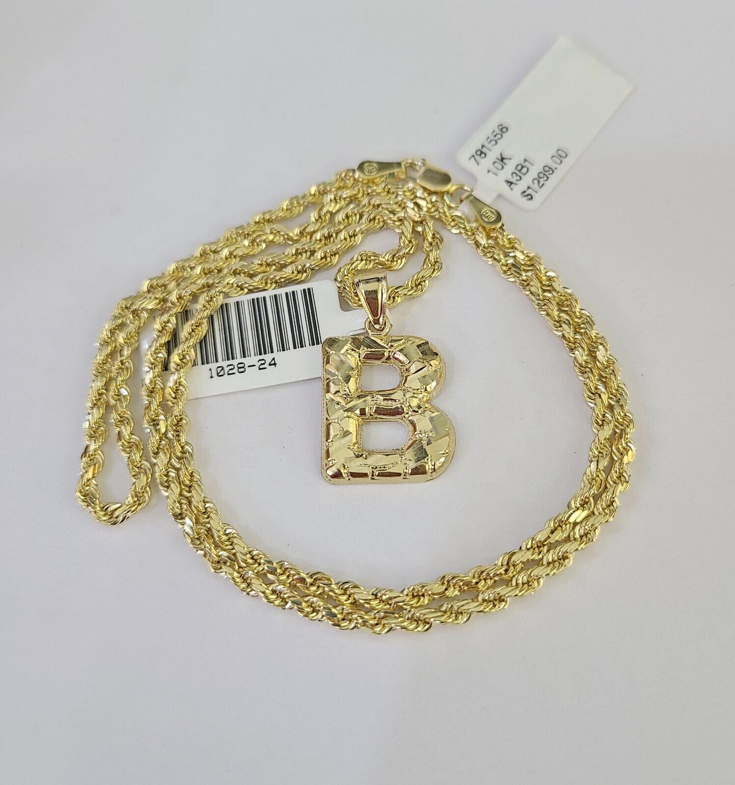 10k Gold Initial B Charm Rope Chain 16"-26" 2.5mm SET Necklace Alphabet Pendant
