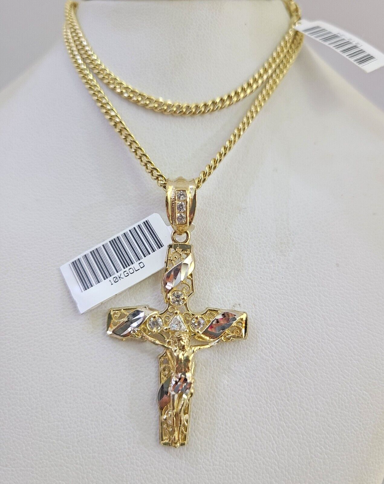 Real 10k Gold Chain Pendant SET Jesus Cross Charm Miami Cuban Link Necklace 2mm