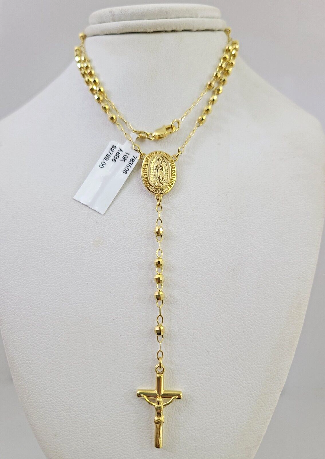 Real 14k Gold Rosary Necklace Jesus Cross Women Diamond Cut Chain 16 INCHES