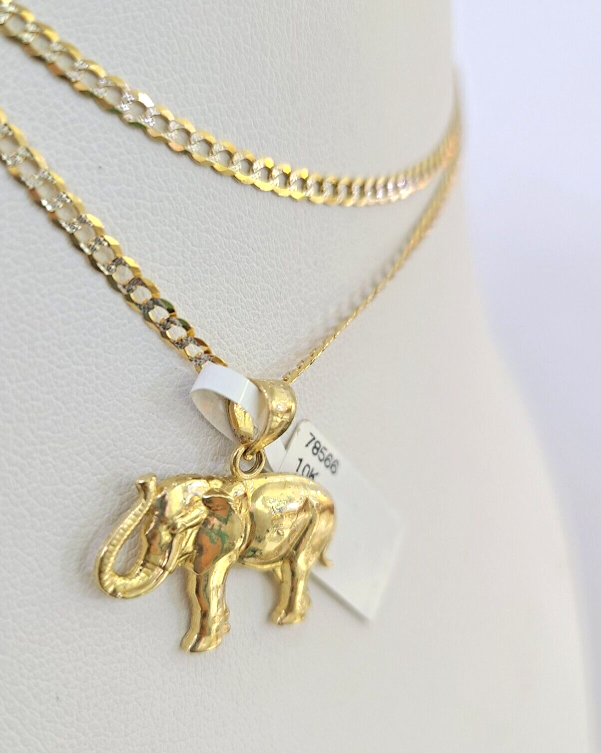 10k Solid Gold Cuban Curb Chain Elephant Pendant 2mm 18"-24" SET Necklace