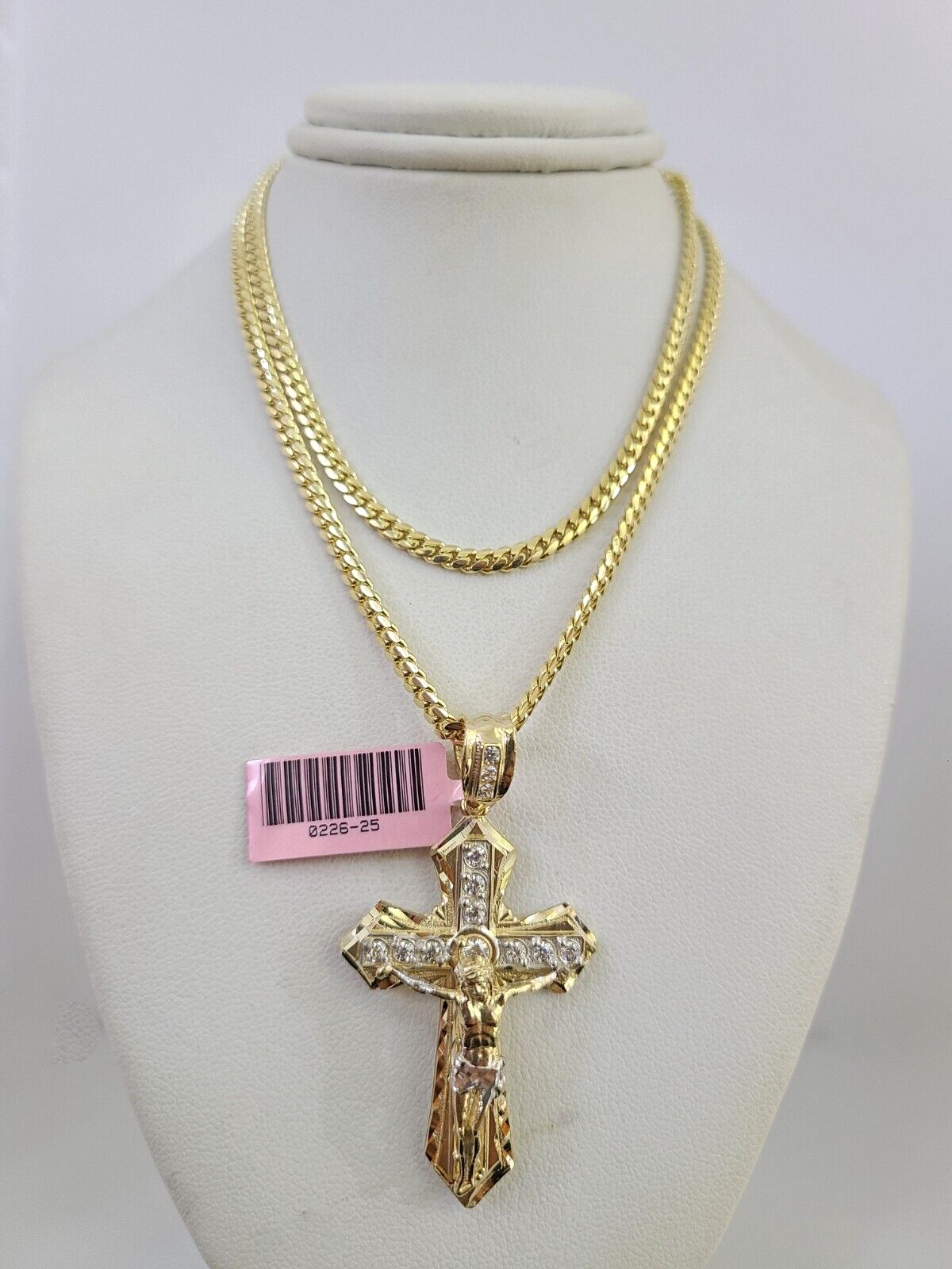 14k Gold Solid Chain Jesus Cross Pendant Set 14kt Miami Cuban Link 3mm Charm