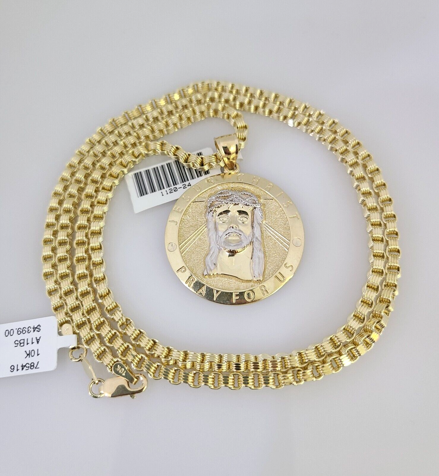 Real 10k Gold Byzantine Chain Jesus Charm Pendant SET 3mm 24 Inch Mens Necklace