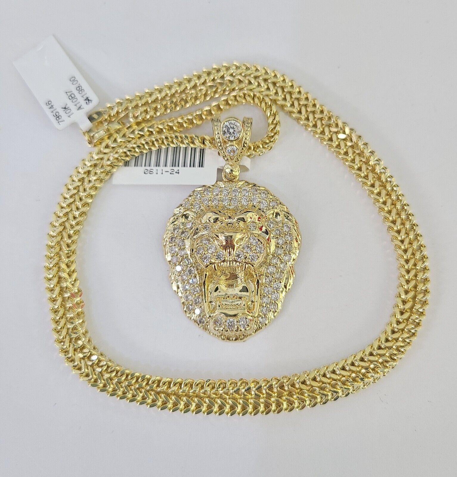 10K Franco Chain Roaring Lion Pendant Charm Necklace 20"-26" 3mm Gold Yellow SET
