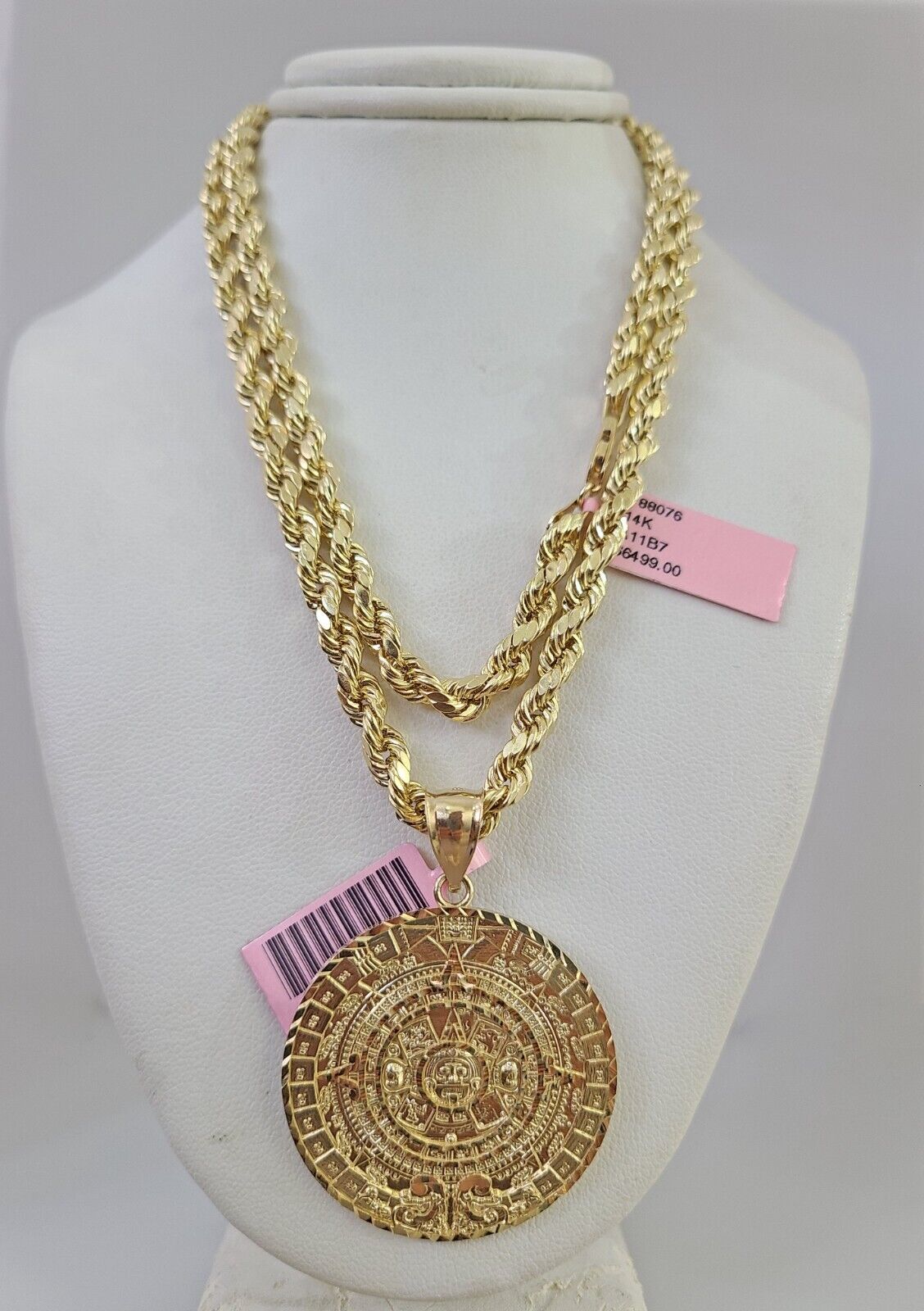14k Gold Rope Chain Necklace Set 6mm Mayan Calendar Charm Pendant 18"-28" inch