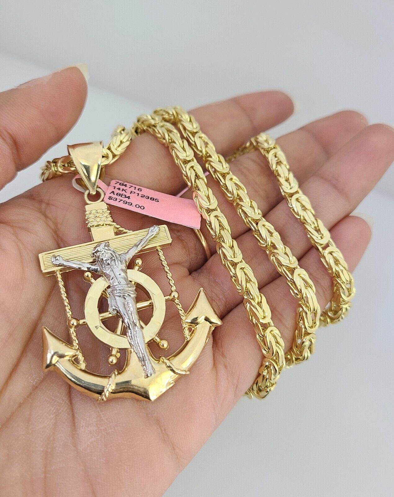 14K Gold Necklace Chain Jesus Anchor Charm Turkish Byzantine 4mm 24" Pendant