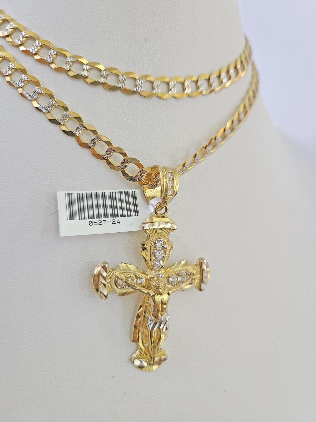 10k Solid Gold Cuban Curb Chain Jesus Cross Pendant 6mm 20"-30" SET Necklace