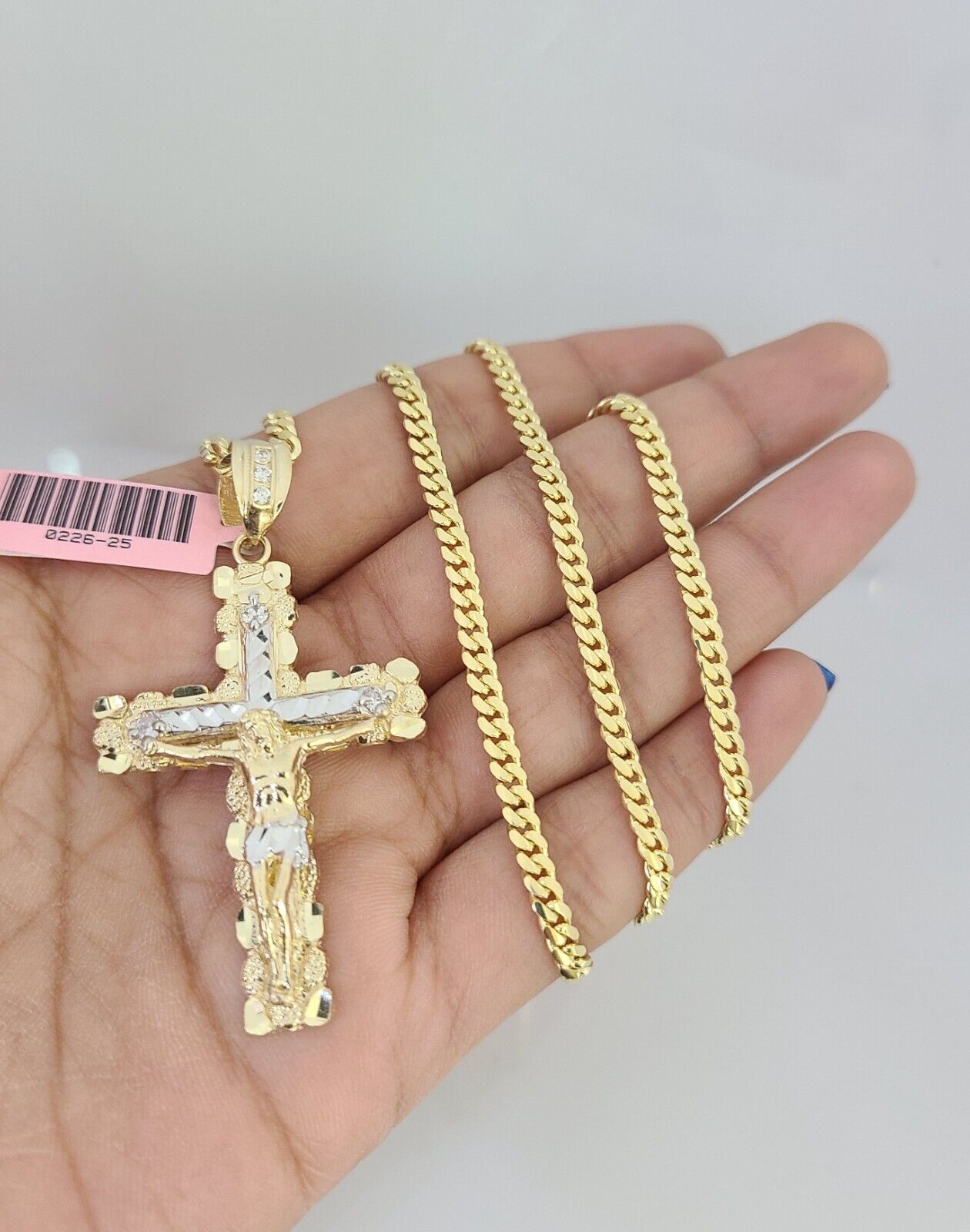 14k Gold Solid Chain Nugget Cross Pendant Set 14kt Miami Cuban Link 3mm Charm