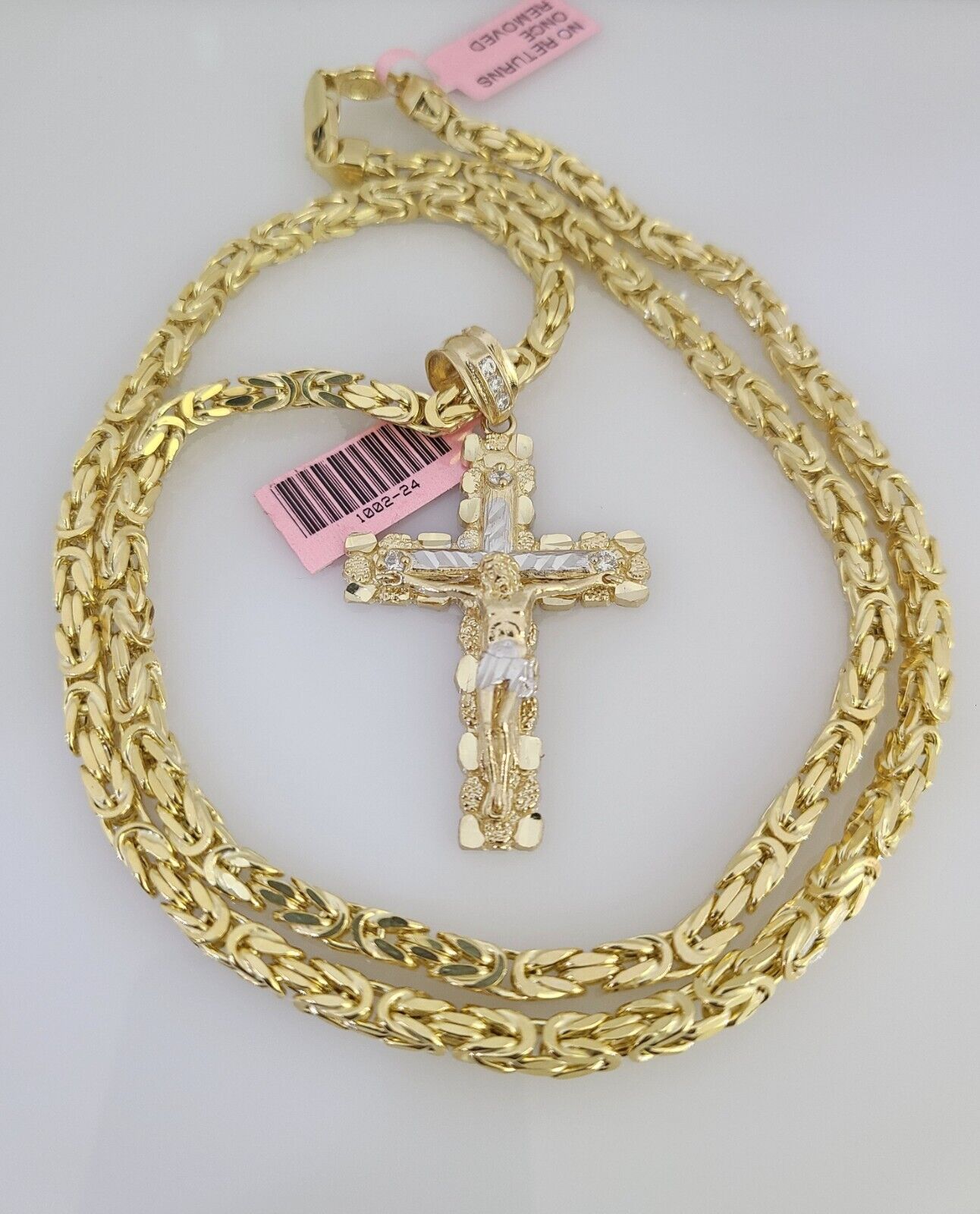 14K Gold Necklace Chain Jesus Nugget Cross Turkish Byzantine 4mm 24" Pendant
