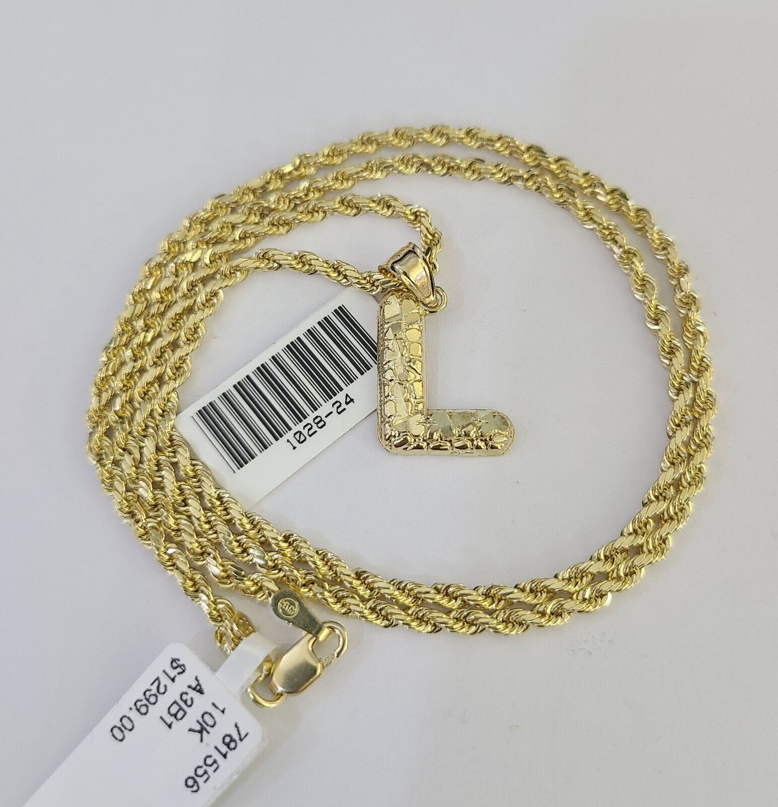 10k Gold Initial L Charm Rope Chain 16"-26" 2.5mm SET Necklace Alphabet Pendant