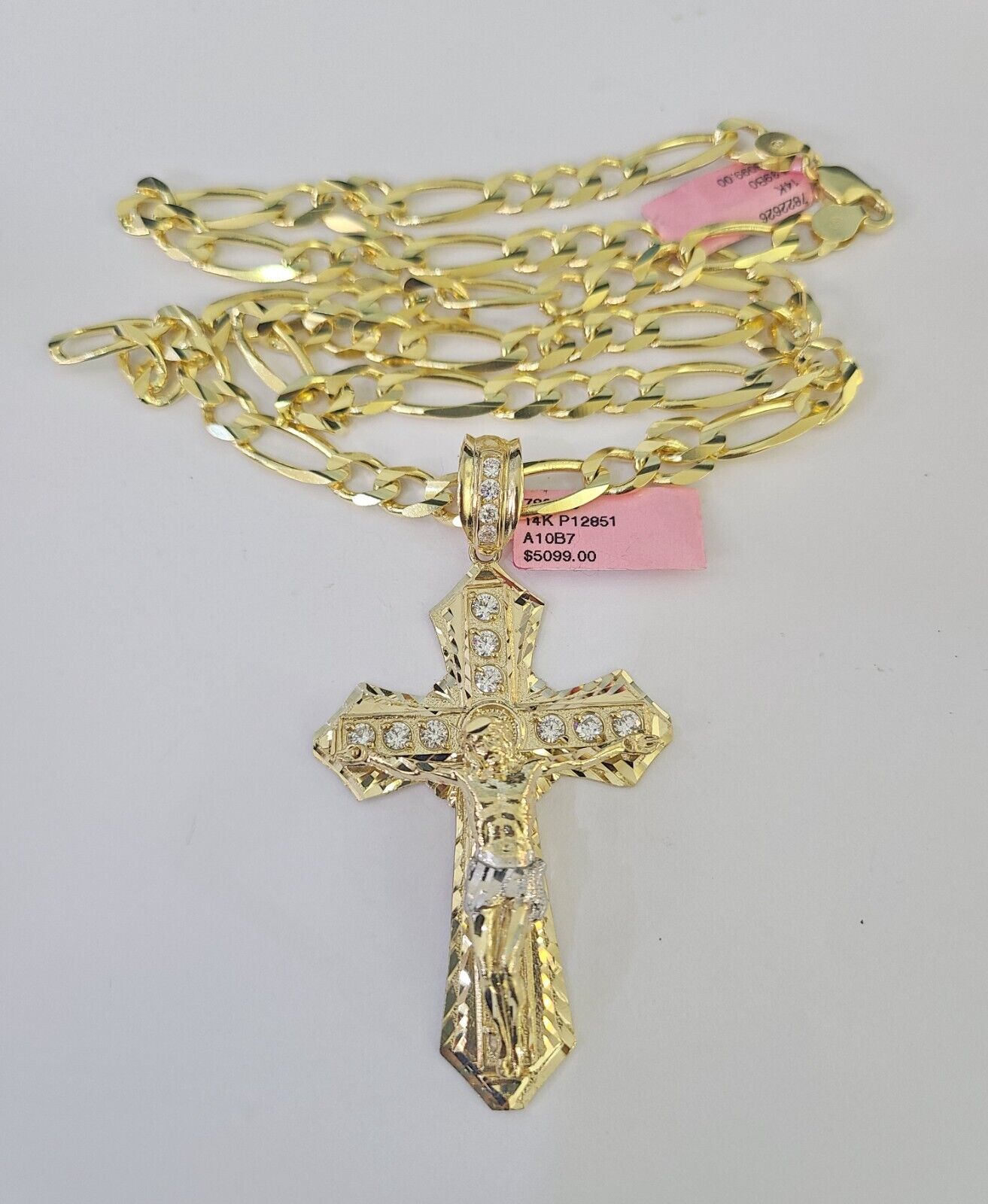 14k Figaro Chain Jesus Cross Charm Pendant Gold 7mm 20-30 inch SET Necklace