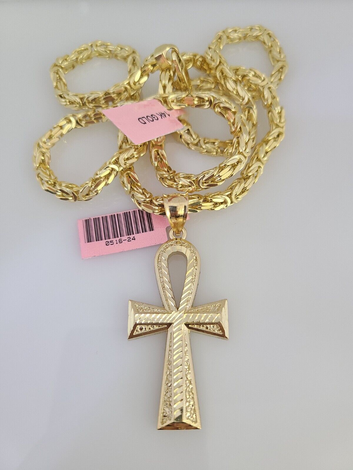 14K Gold Necklace Chain Jesus Ankh Cross Turkish Byzantine 4mm 24" Pendant