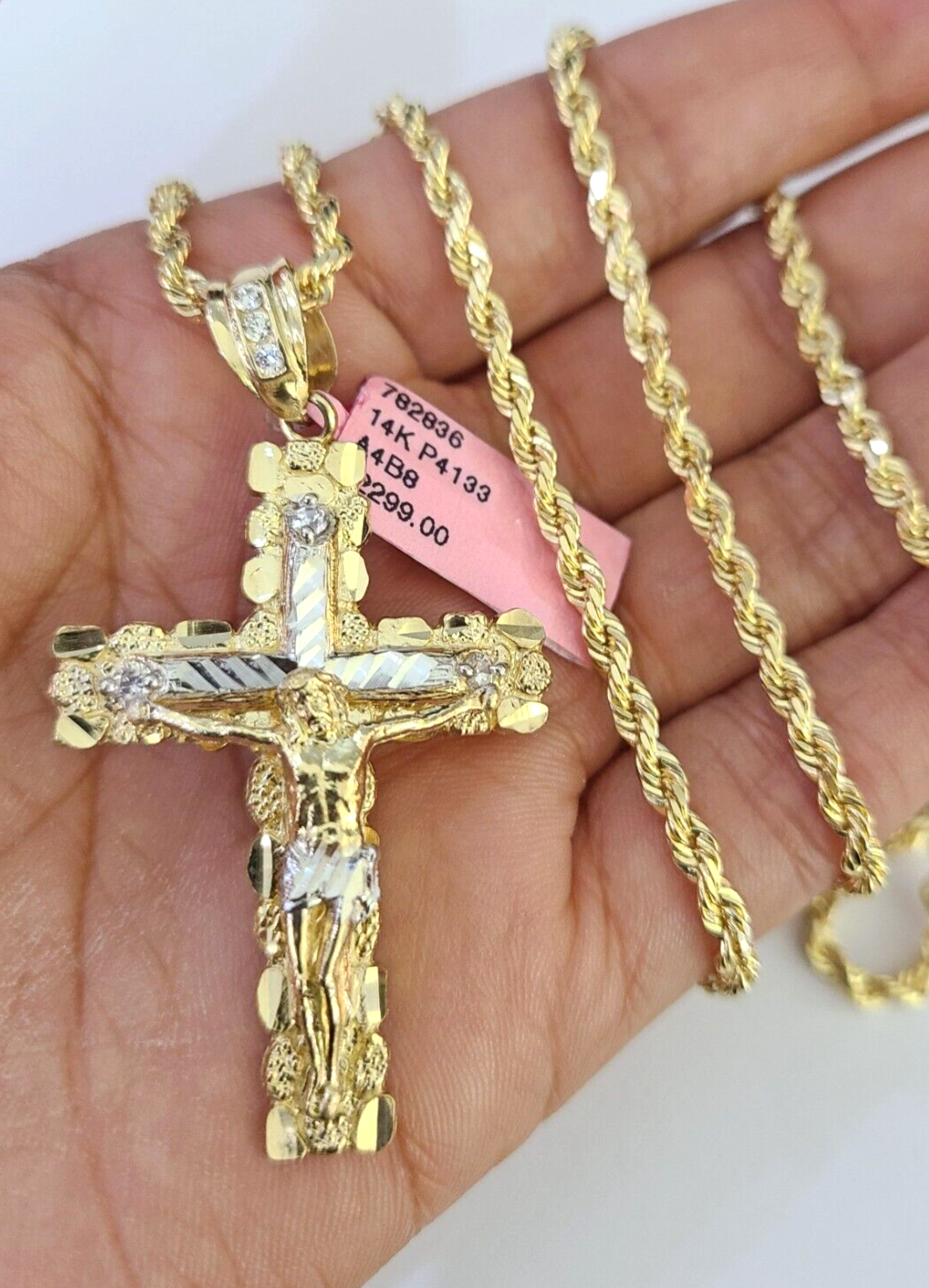 Real 14k Solid Rope Chain Jesus Nugget Cross Charm Set 3mm 18"-26" Necklace Gold
