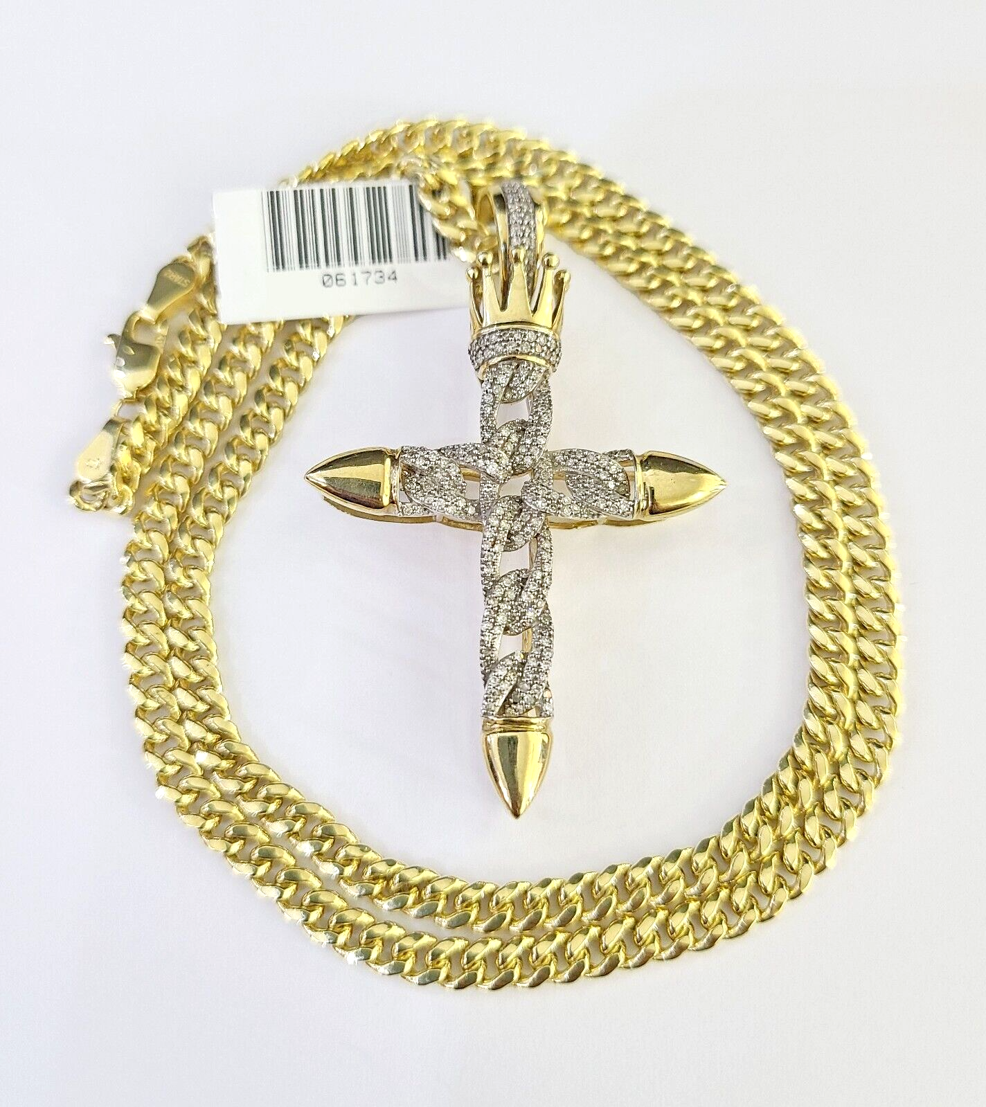 10k Miami Cuban Chain Diamond Jesus Cross Charm Set 4mm 18"-28" Necklace Gold