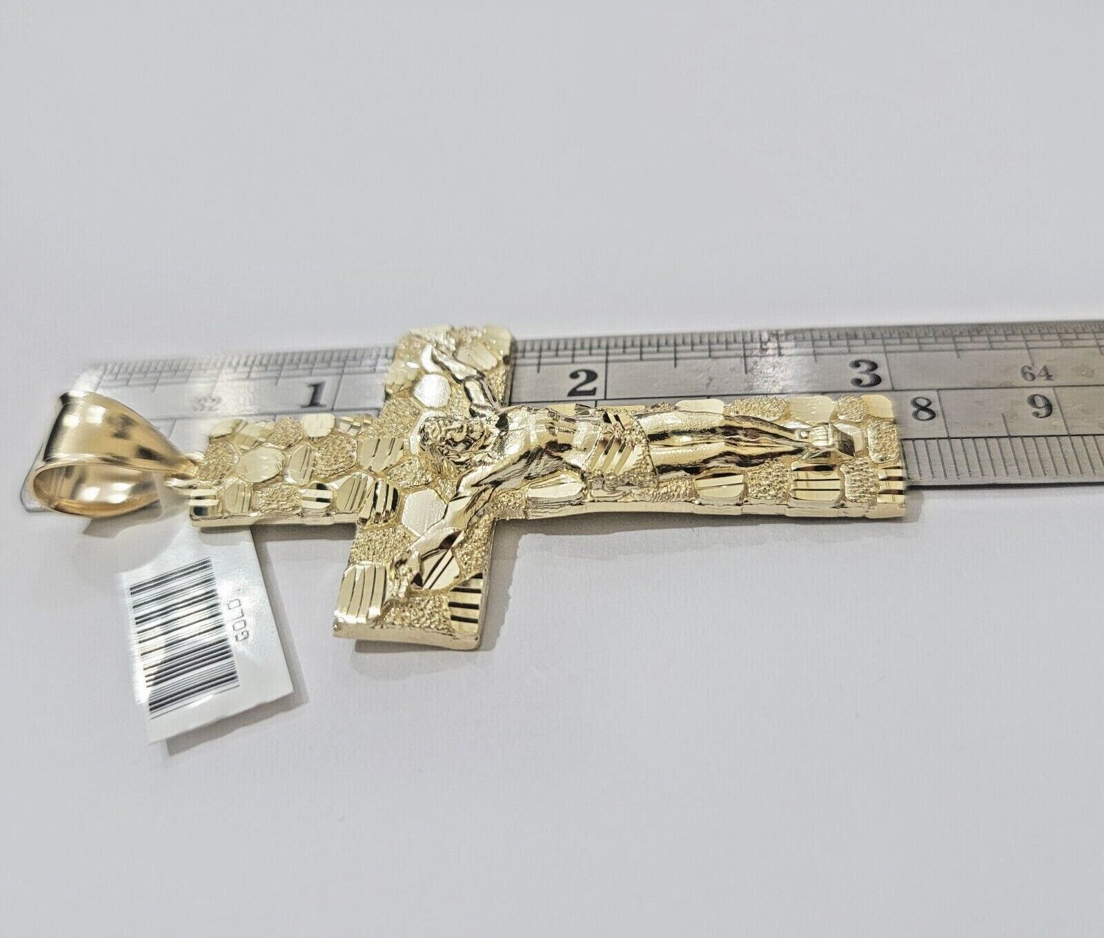 Real 10k Yellow Gold Cross Charm Pendant Nugget Jesus Crucifix 3" Inch 10KT Mens