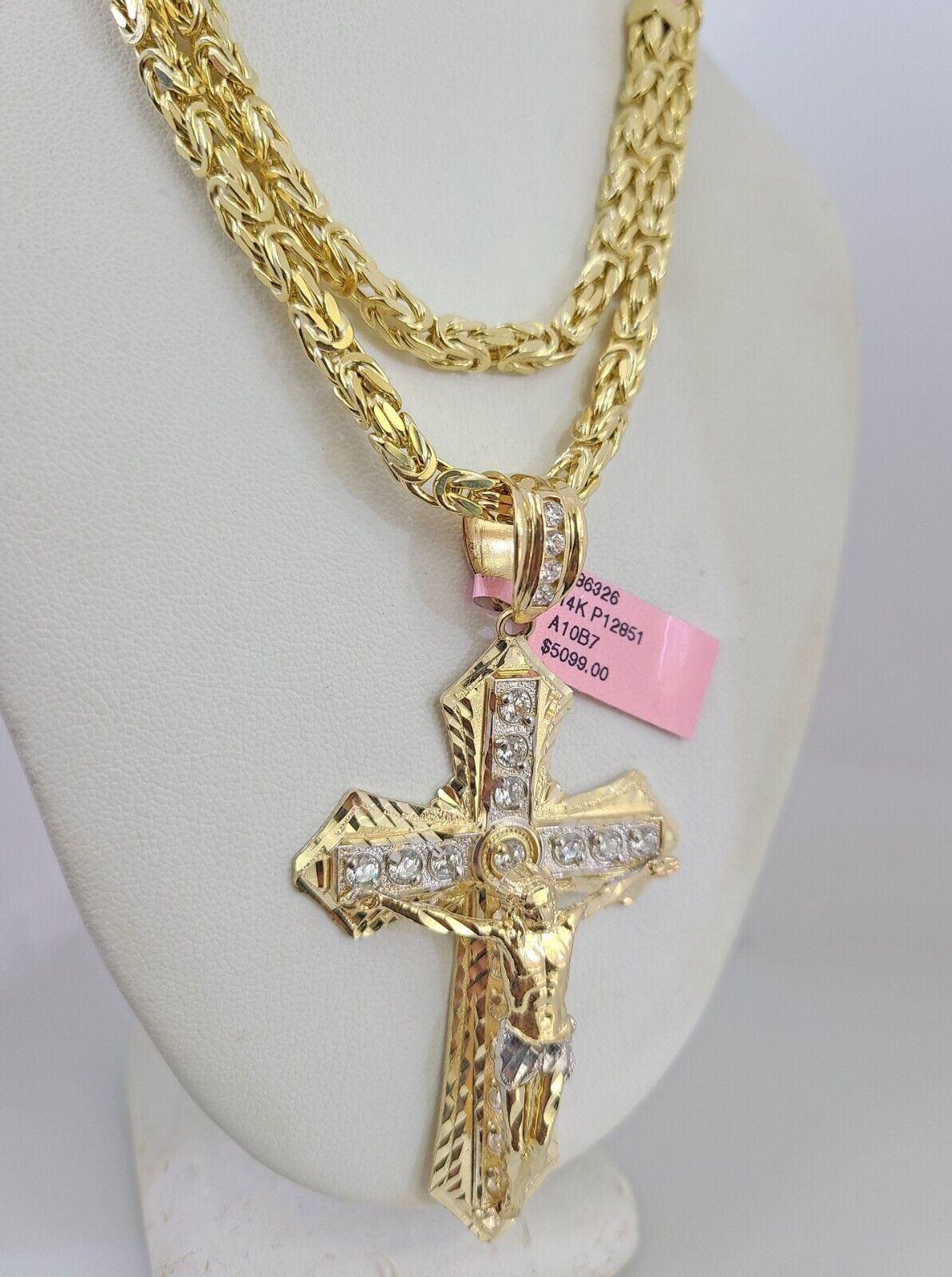 14K Gold Necklace Chain Jesus Crucifix Cross Charm Turkish Byzantine 4mm 24"