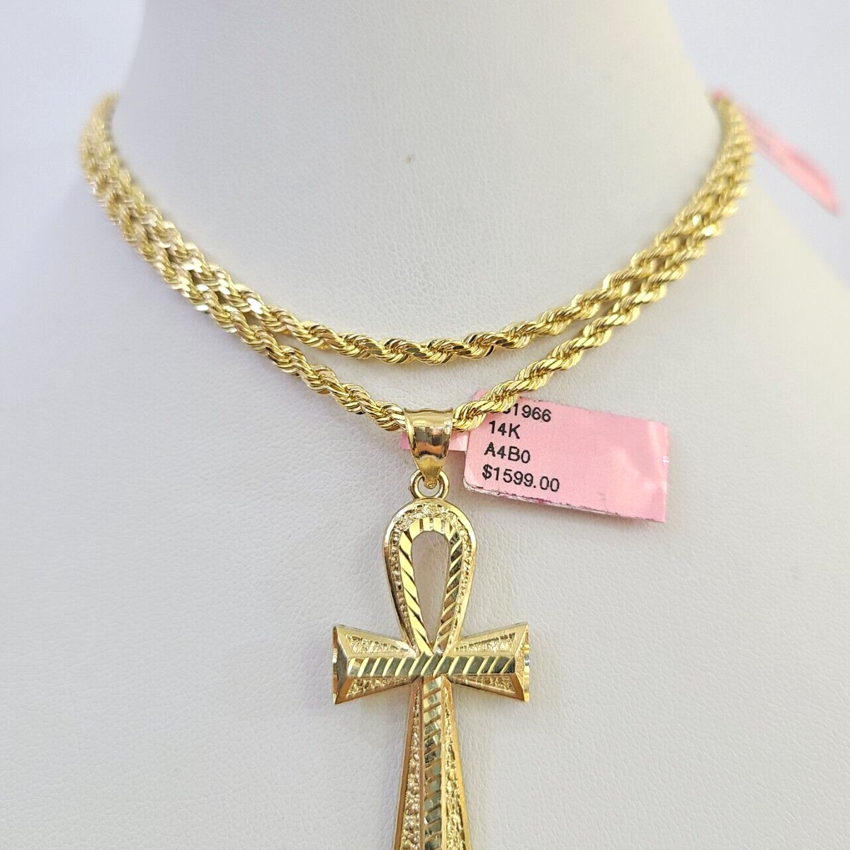 Real 14k Solid Rope Chain Jesus Ankh Cross Charm Set 3mm 18
