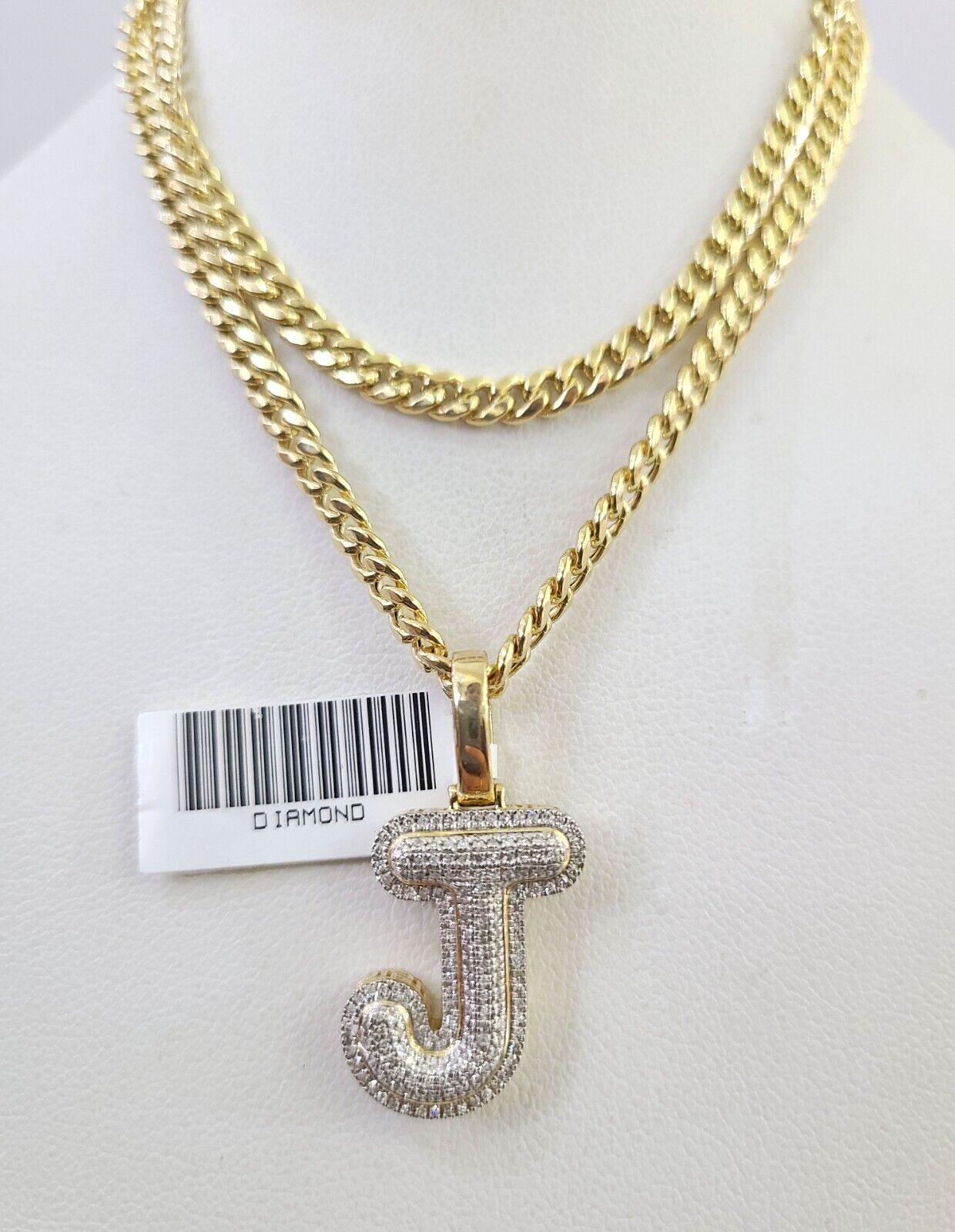 10k Miami Cuban Chain Diamond J Initial Charm Set 4mm 18"-28" Necklace Gold