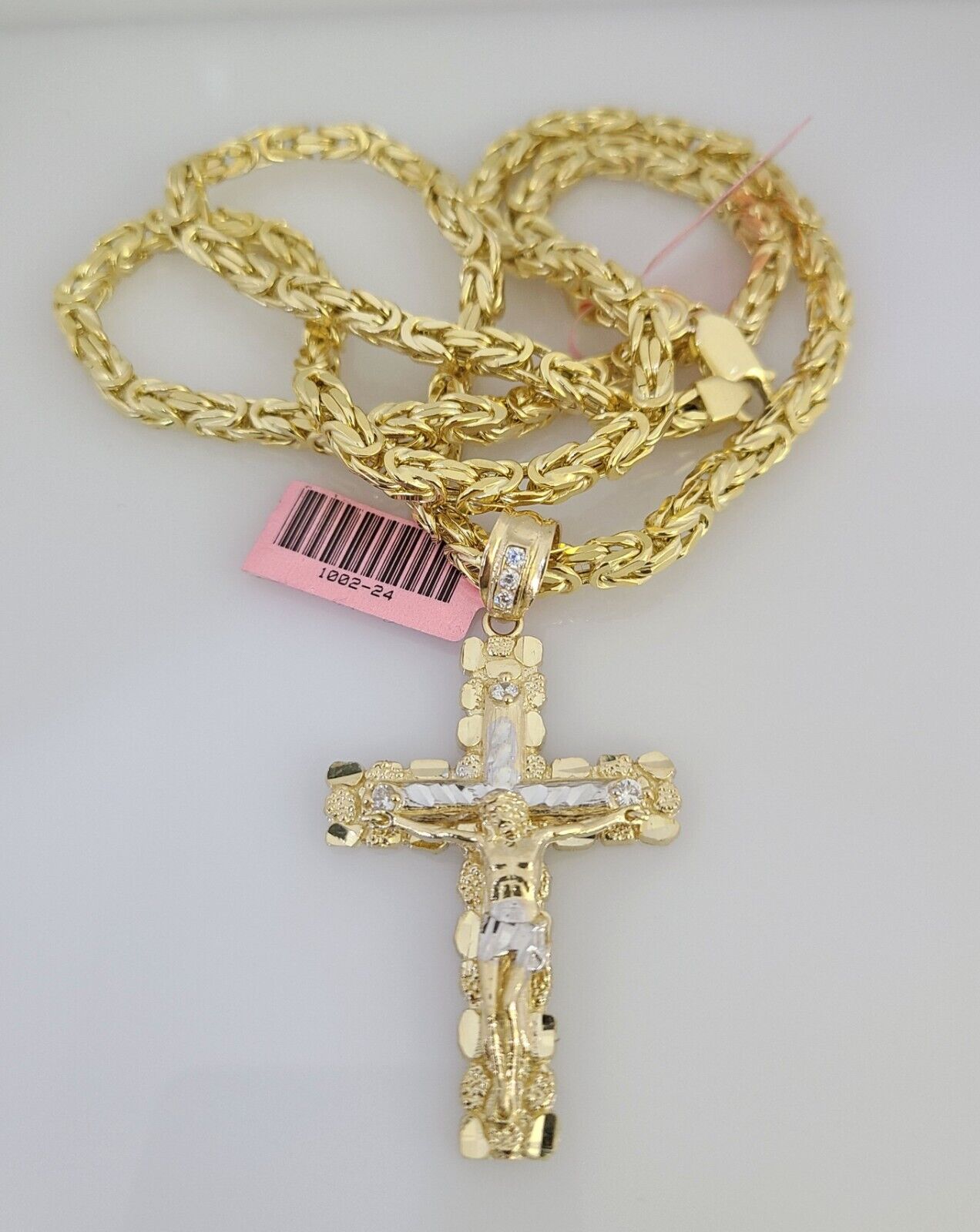 14K Gold Necklace Chain Jesus Nugget Cross Turkish Byzantine 4mm 24" Pendant