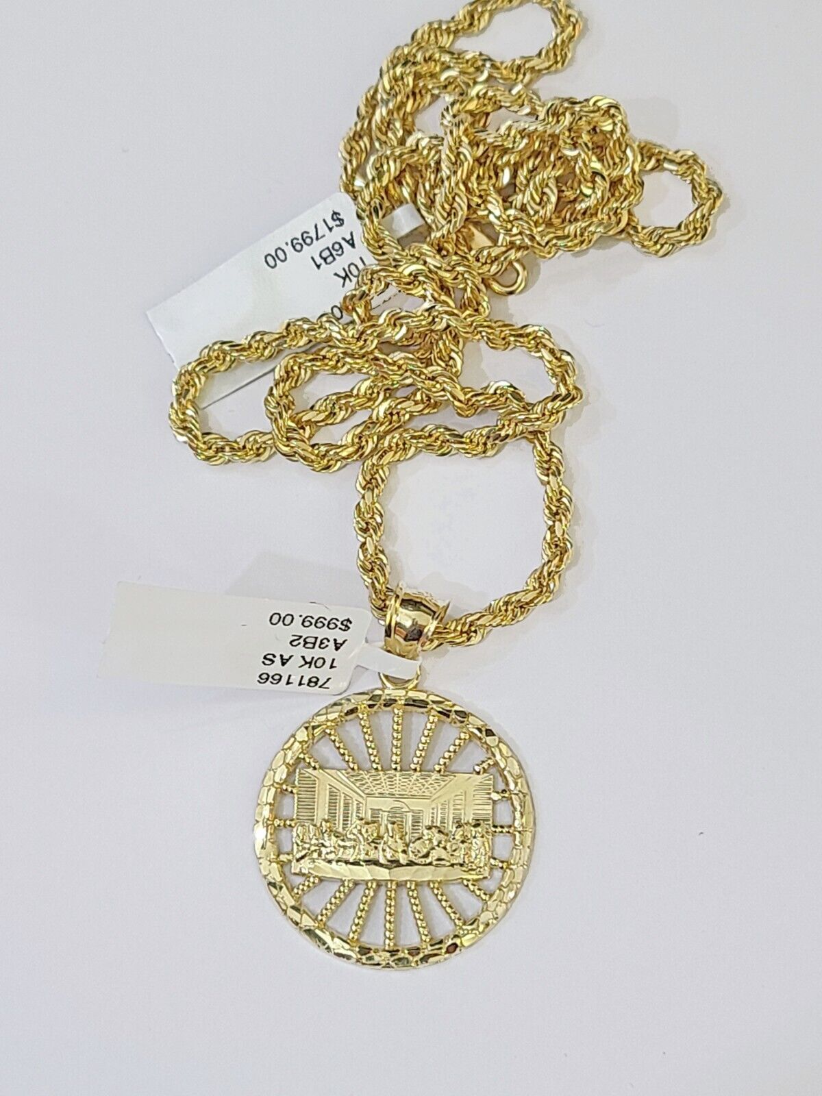 10k Gold Rope Chain & Last Supper Charm Pendent SET 3mm 22 Inches Necklace