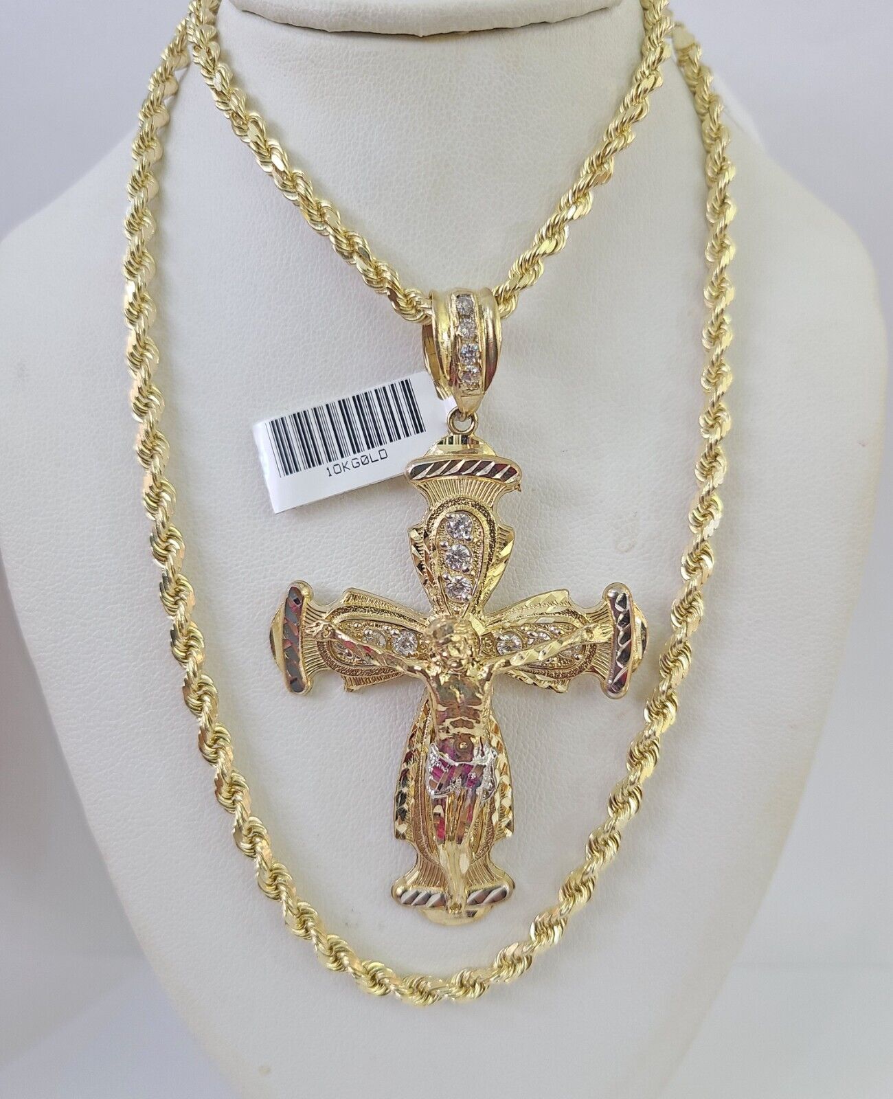 10k Solid Rope Chain Jesus Cross Charm Set 4mm 20"-28" Necklace Gold Yellow