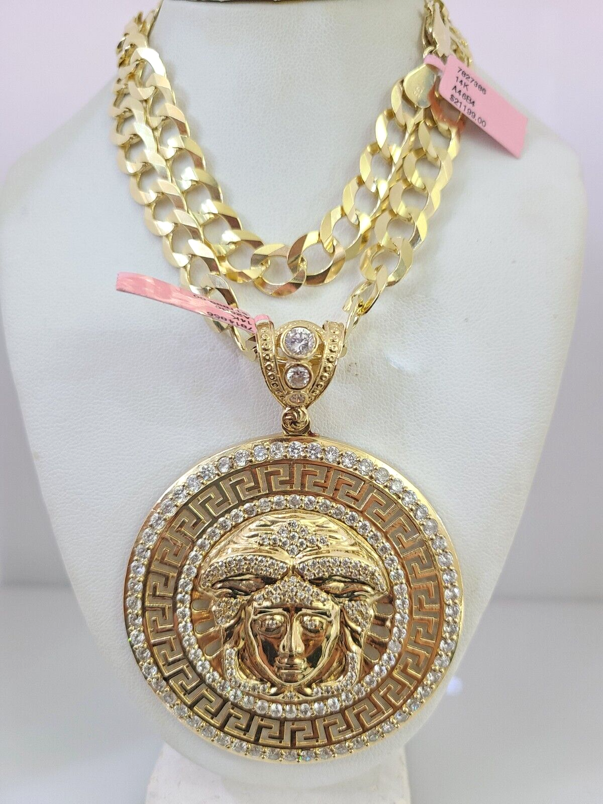 14k Gold Chain Medusa Head Charm Solid Cuban Curb 10mm 20"-30" SET Necklace