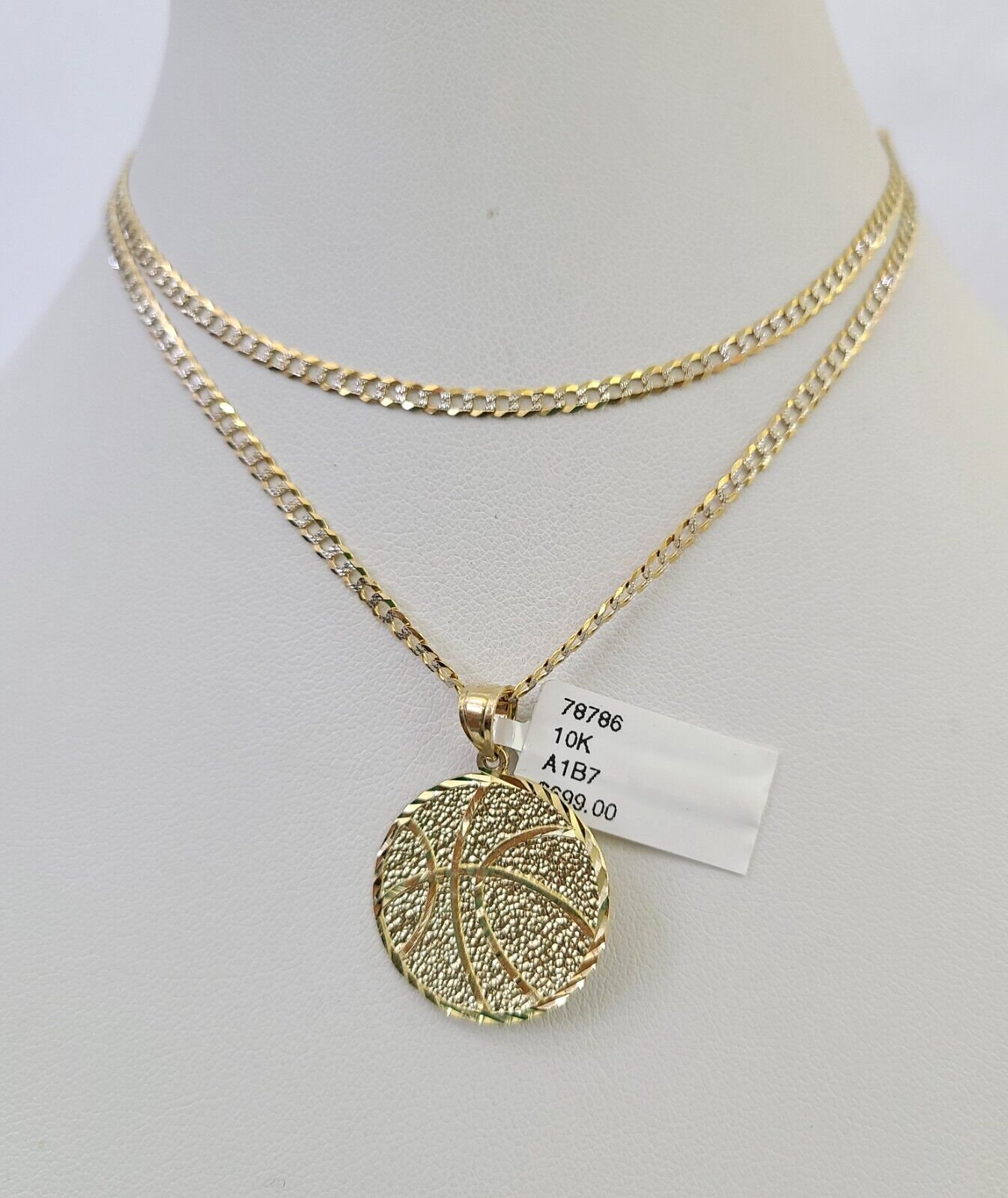 10k Solid Gold Cuban Curb Chain Basket Ball Pendant 2mm 18"-24" SET Necklace