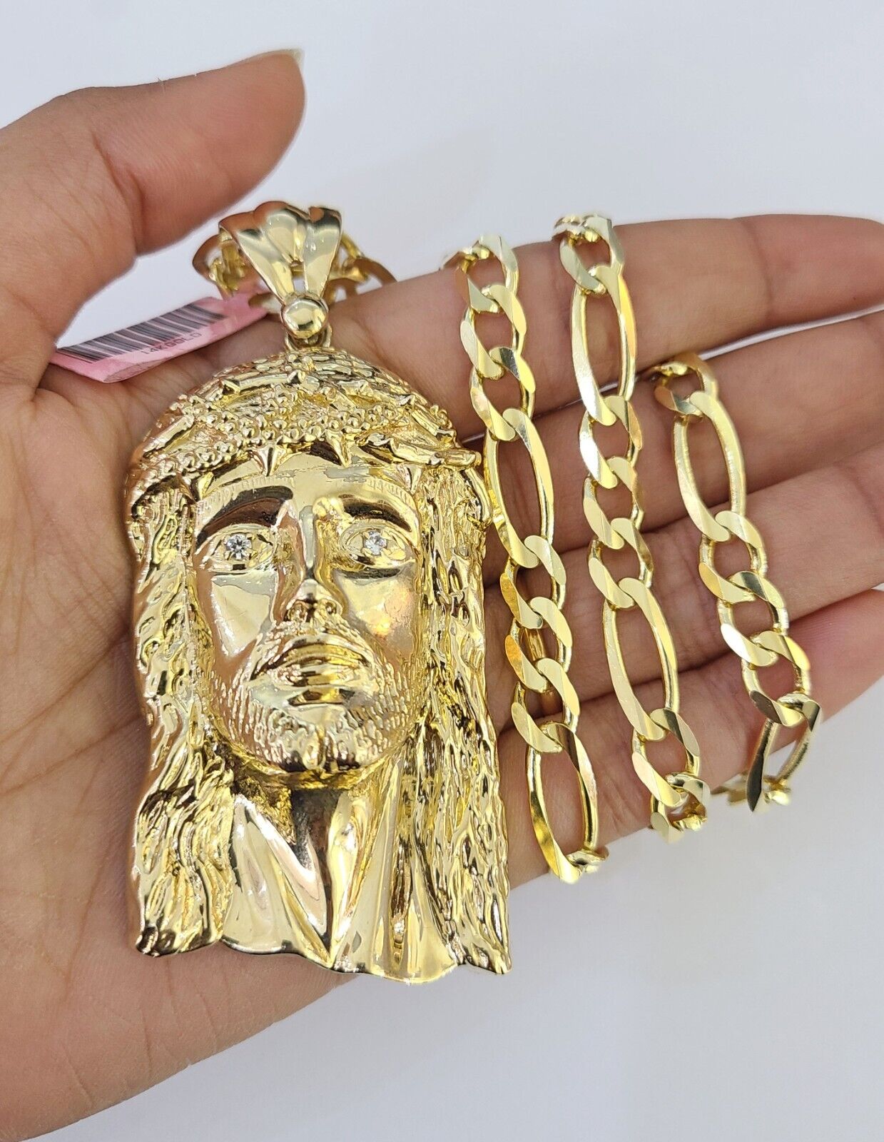 14k Figaro Chain Jesus Head Charm Pendant Gold 7mm 20-30 inch SET Necklace