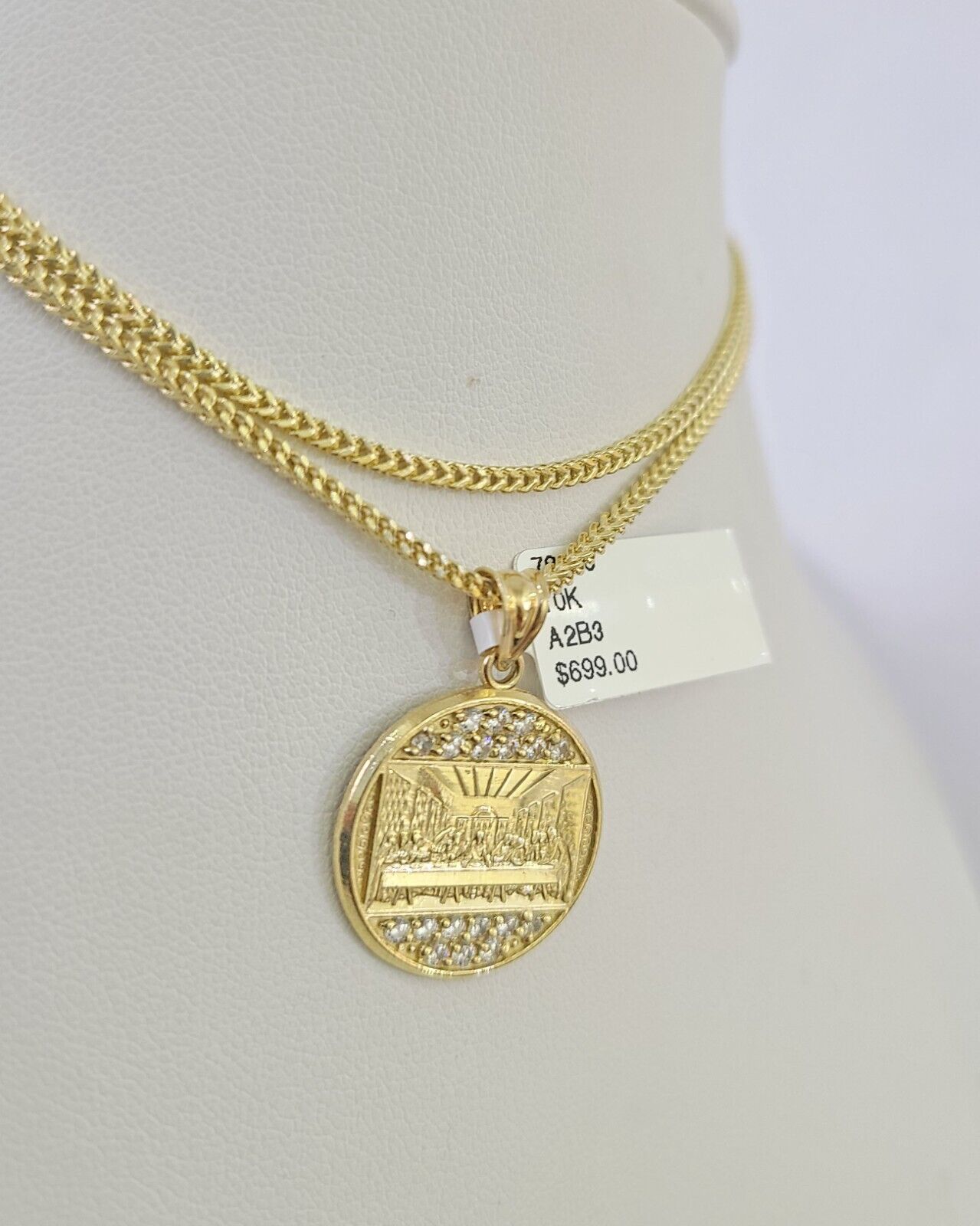 10K Franco Chain Last Supper  Pendant Charm Necklace 16"-24" 2mm Gold SET