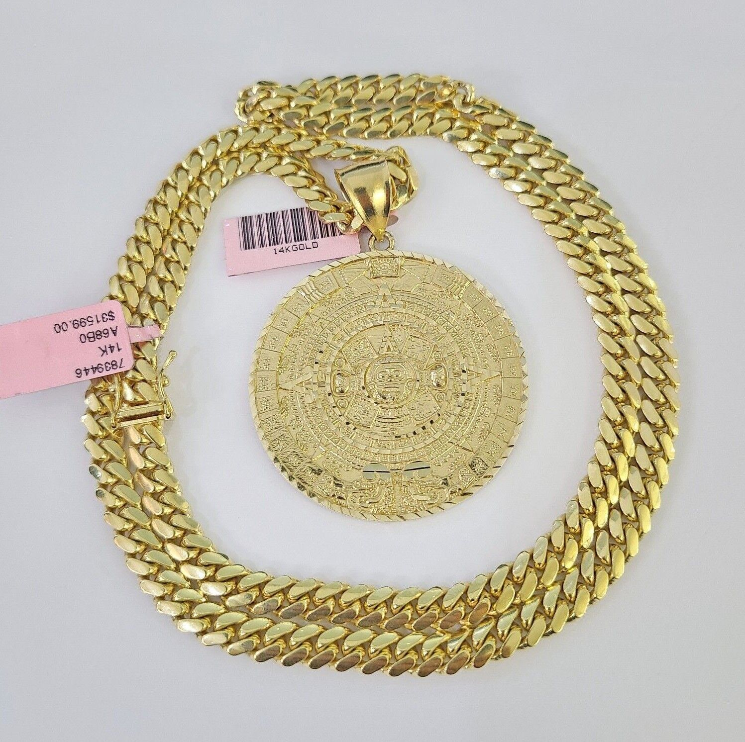Real 14k Solid Chain Mayan Calendar Charm Set Miami Cuban Link 6mm Necklace