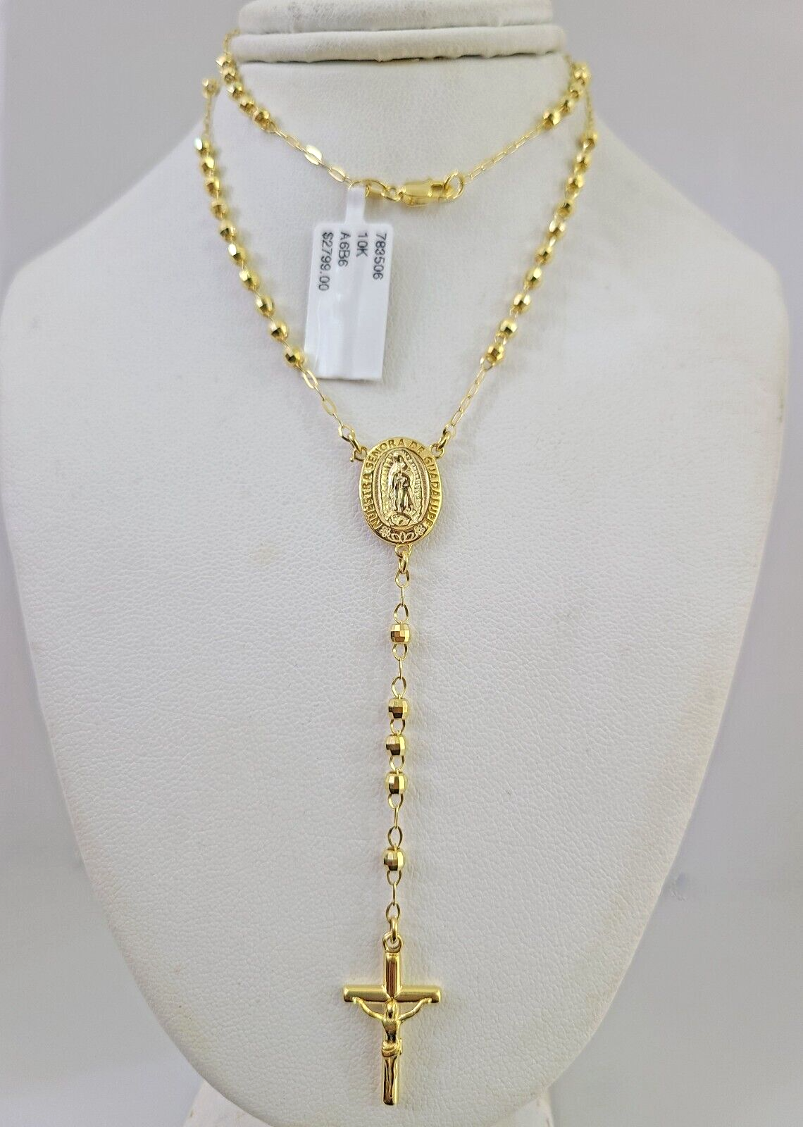 Real 14k Gold Rosary Necklace Jesus Cross Women Diamond Cut Chain 16 INCHES