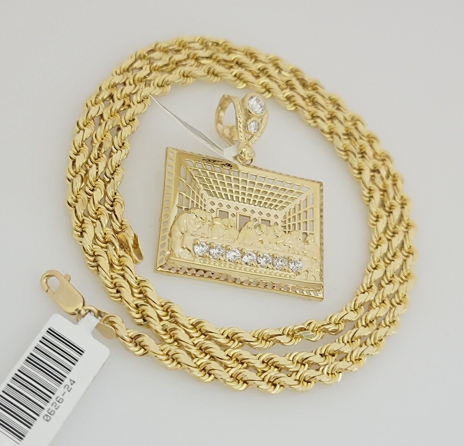Real 10k Gold Chain Pendant SET Last Supper Charm Solid Rope Necklace 4mm 24Inch