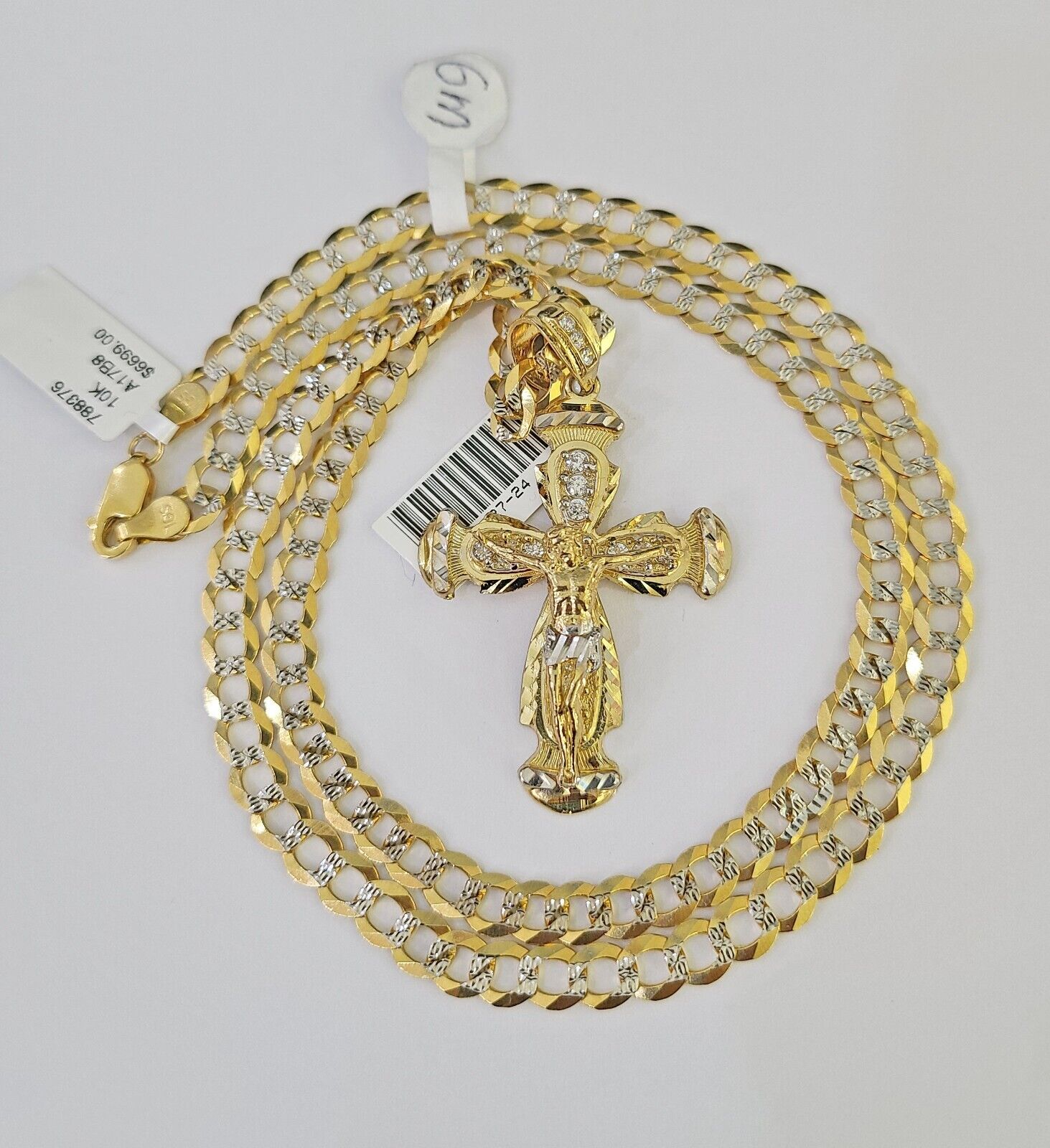 10k Solid Gold Cuban Curb Chain Jesus Cross Pendant 6mm 20"-30" SET Necklace