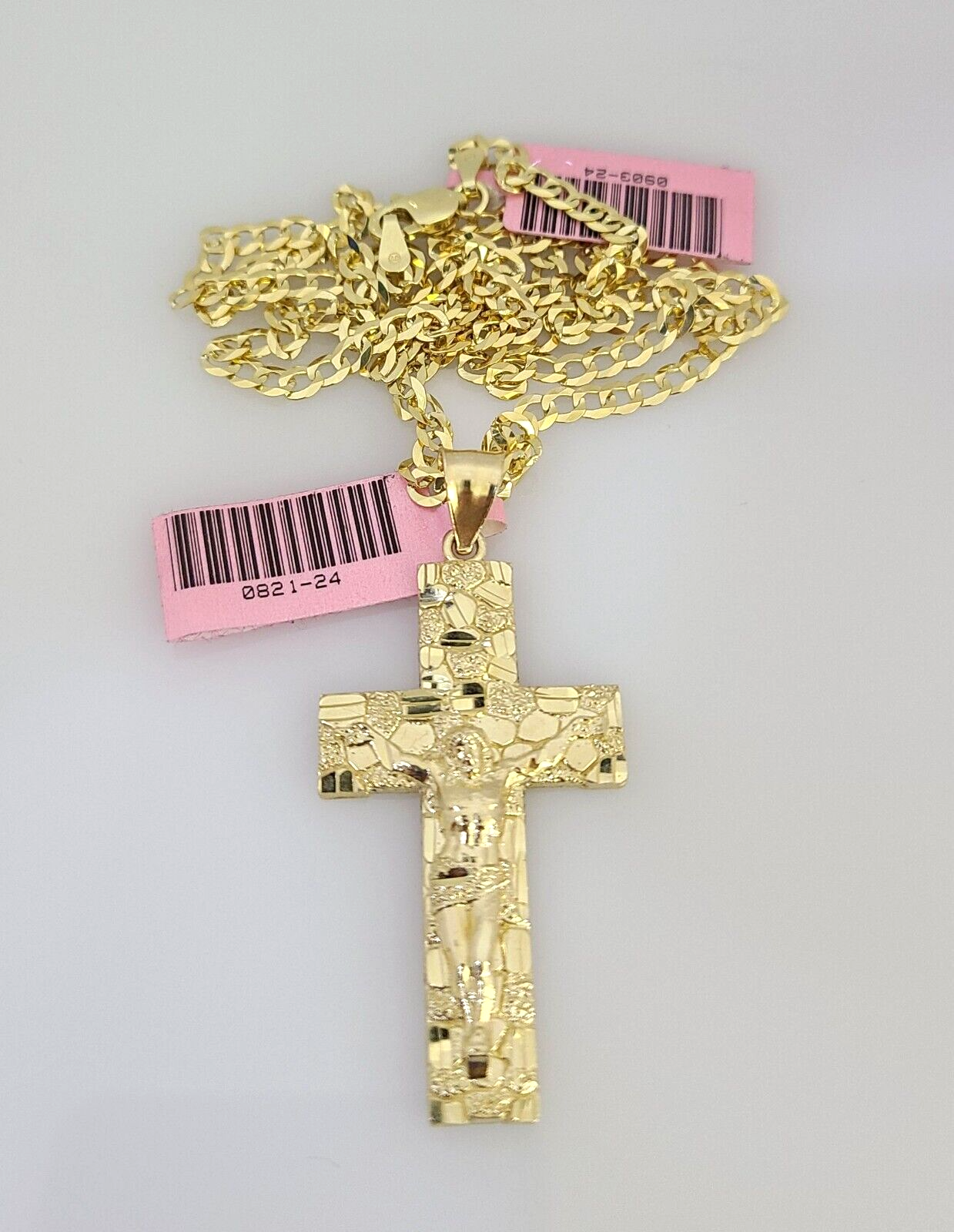 Real 14k Gold Chain Jesus Cross Pendant Set 14kt Cuban Curb Chain 4mm Charm